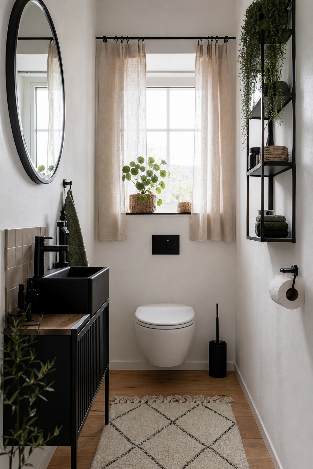 kleines schwarz weiss gaeste wc mit fenster