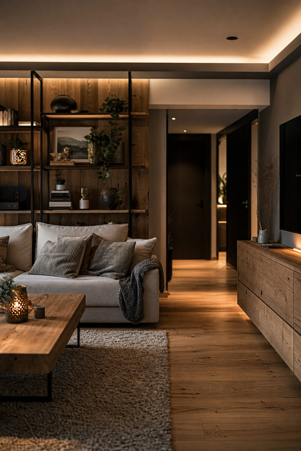 Wohnzimmer mit dunklem Holz, schwarzen Akzenten, indirektem Licht