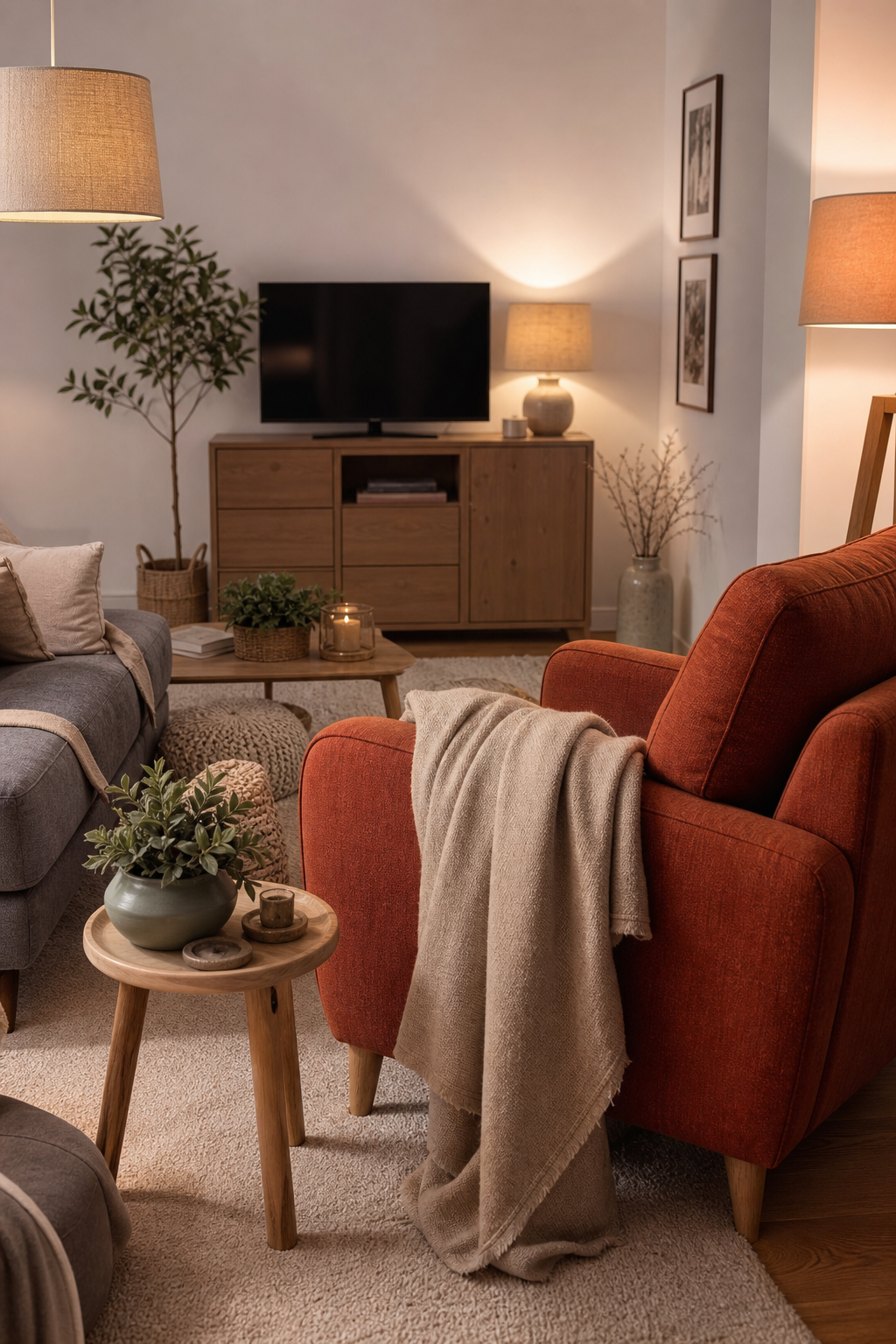Wohnzimmer mit terrakotta Leinen Sessel