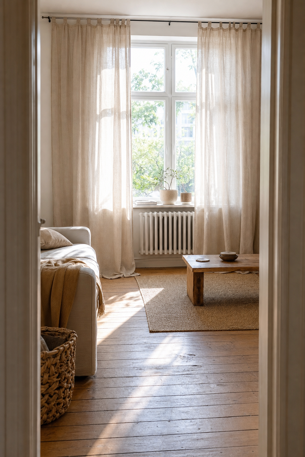 Weiche Vorhänge, bodenlang, warmes Beige