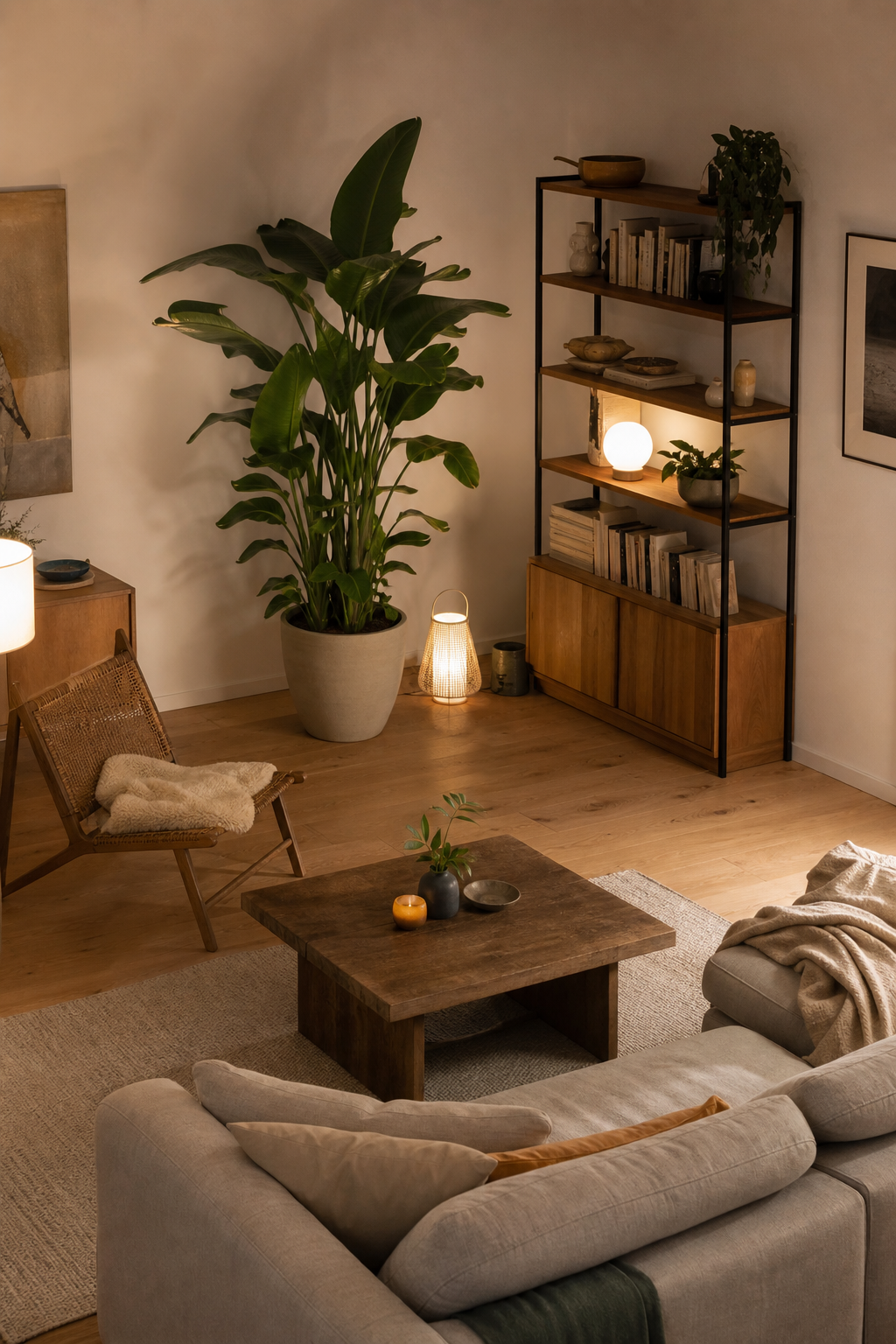 große topfpflanze neben regal und lampe