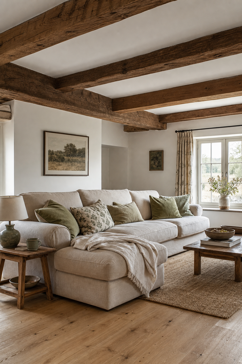 Deckenbalken über Sofa in offenem Landhausraum