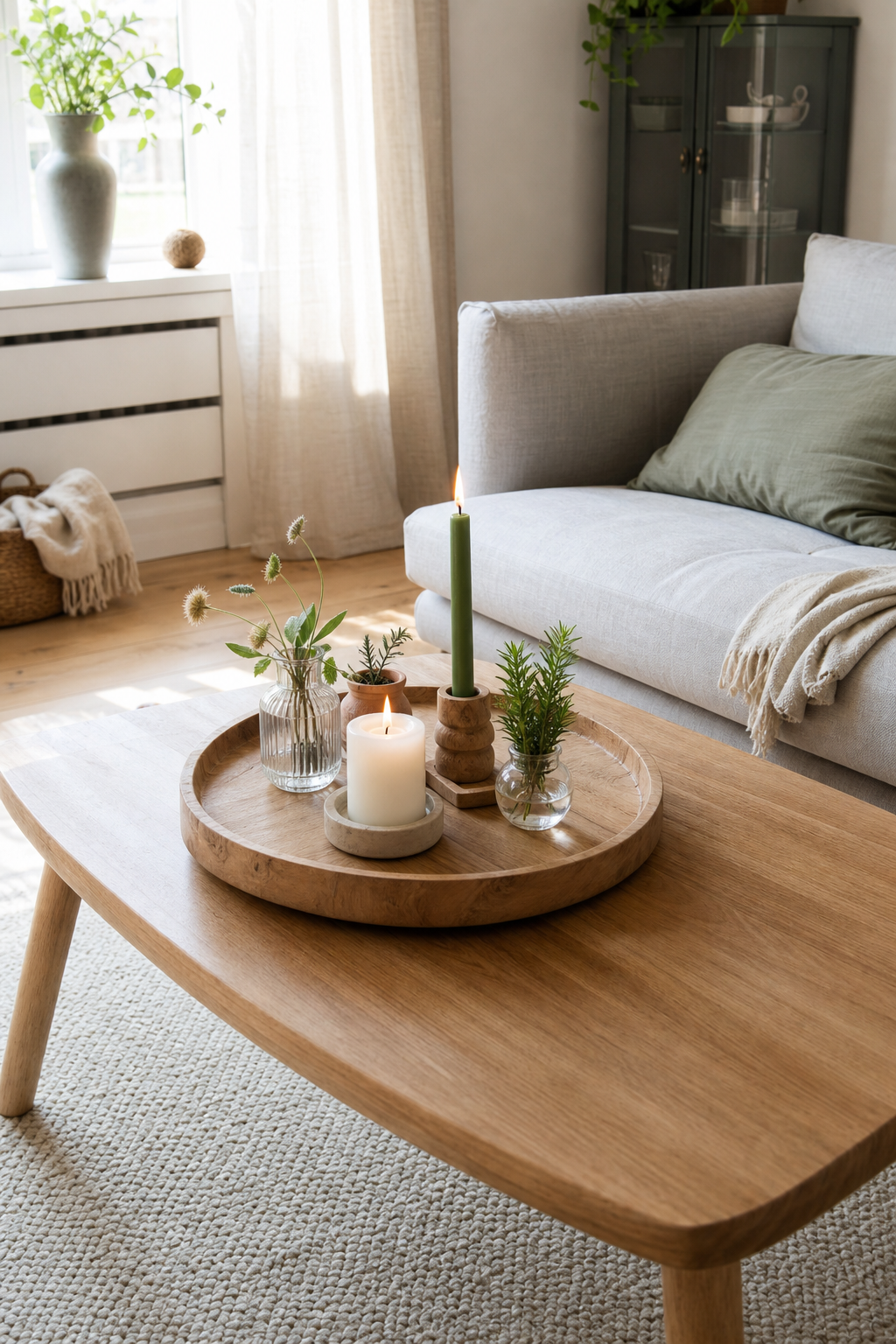 Skandi couchtisch rundes holztablett kerzen