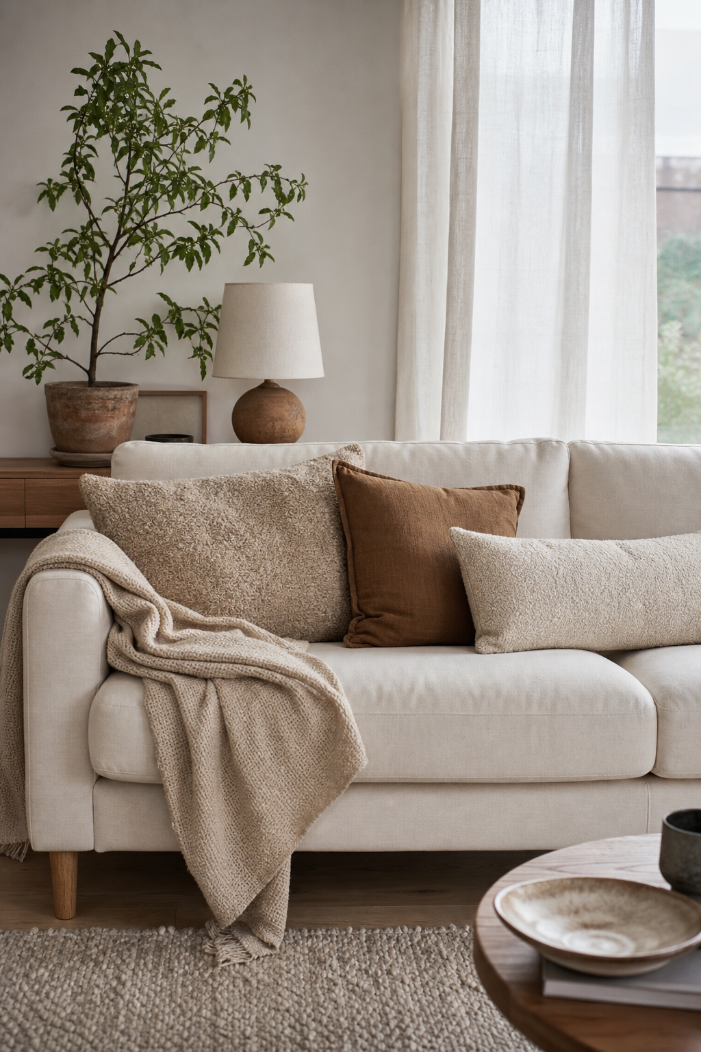 Skandi Wohnzimmer creme Sofa mit Pflanzen