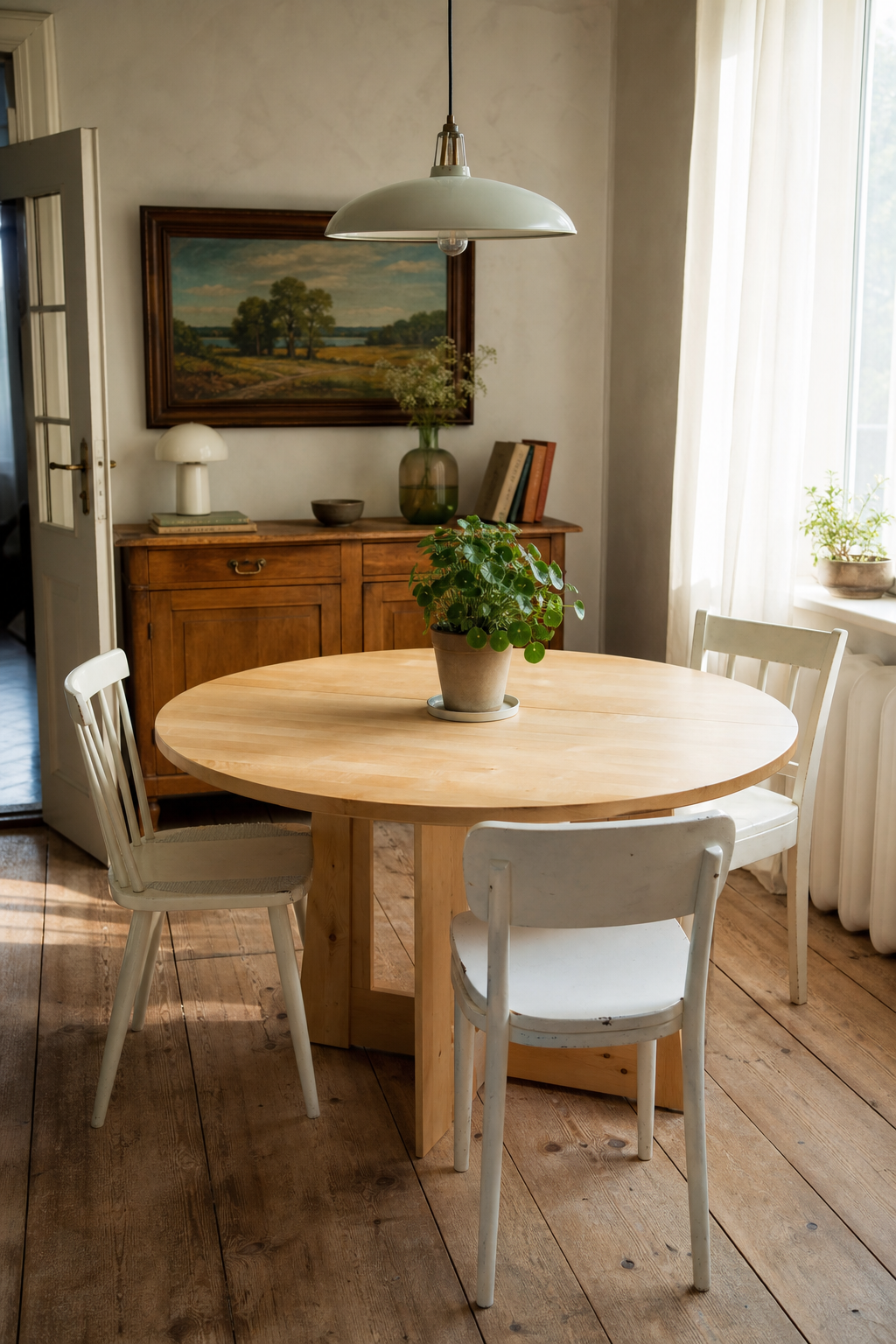Helles skandinavisch-vintage Esszimmer mit Rundtisch