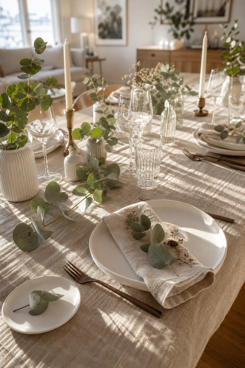 Skandinavische Februartafel mit hellem Leinen und Eukalyptus