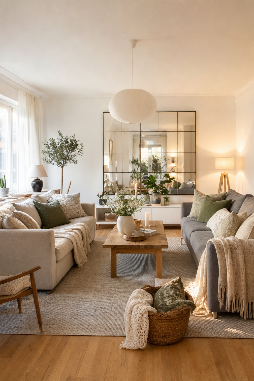 Skandinavische Sofas vor warmweißen Wänden