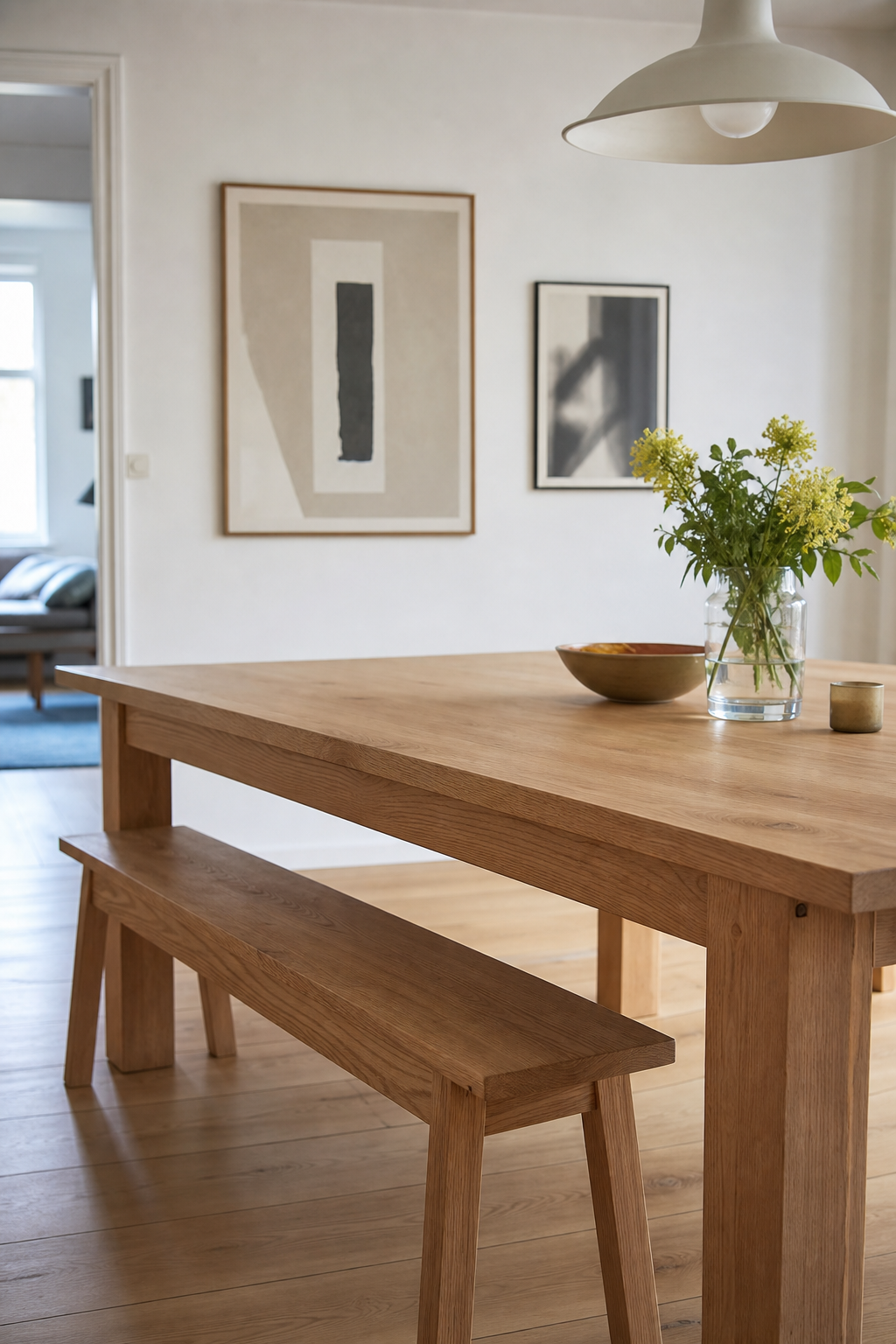 schmale skandinavische holzbank am esstisch