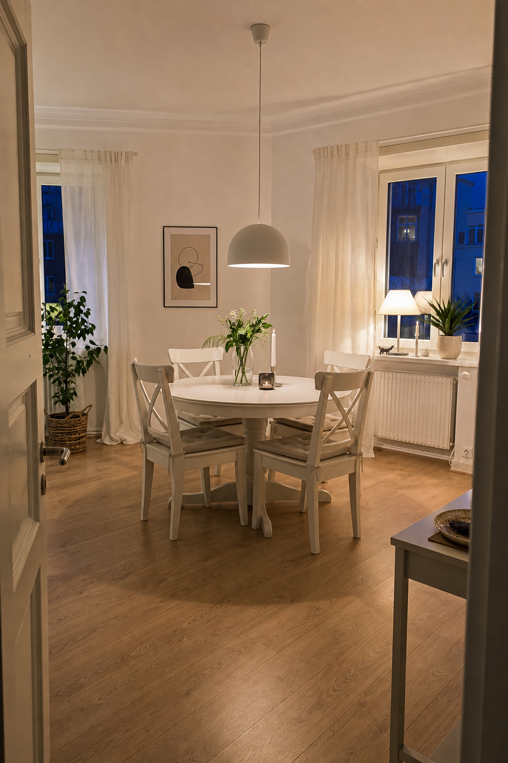 Skandinavisches Esszimmer runder weißer Tisch