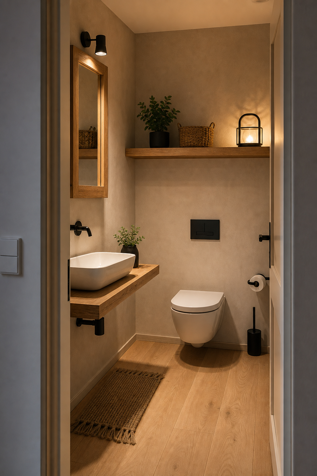 Scandinavian WC mit Eichenakzenten und Putzwänden