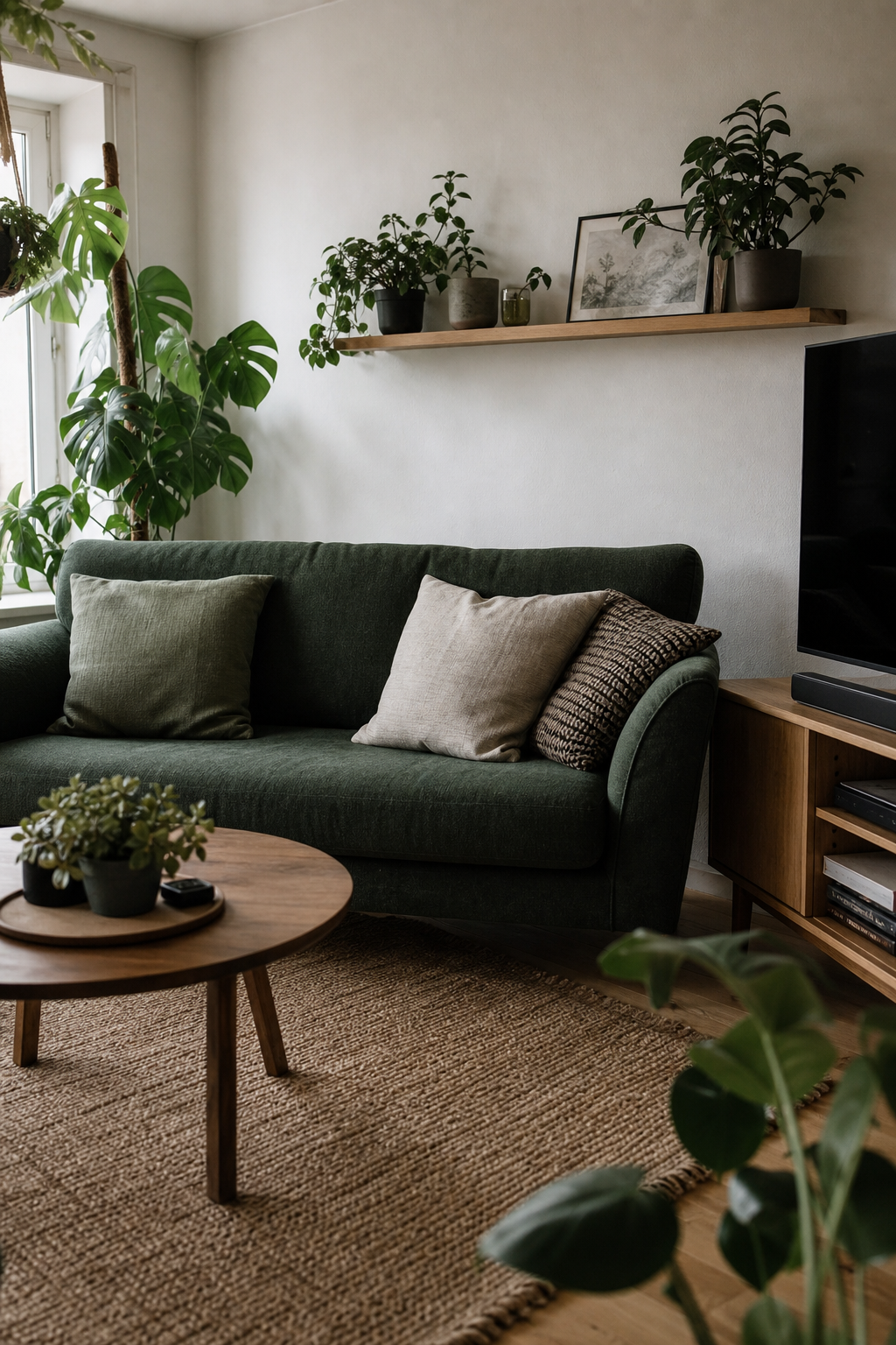 Skandinavisches Wohnzimmer mit dunkelgrünem Sofa