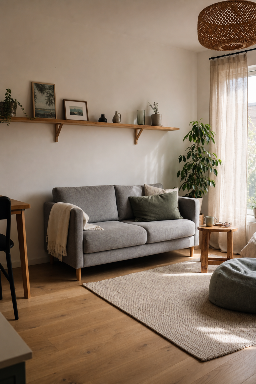 graues zweisitzer sofa in skandinavischem wohnzimmer