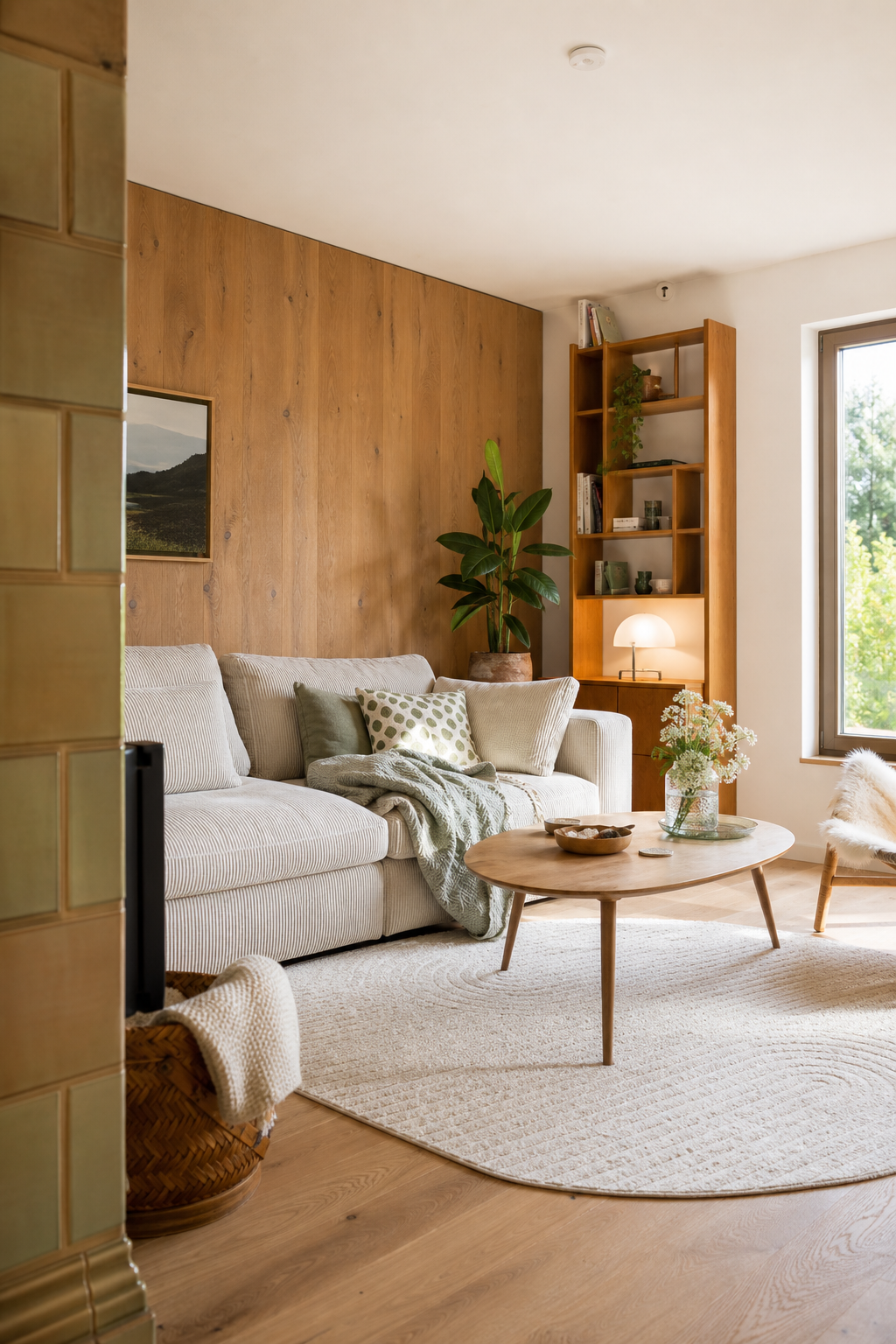 Skandinavisches Wohnzimmer mit hellem Cord-Sofa