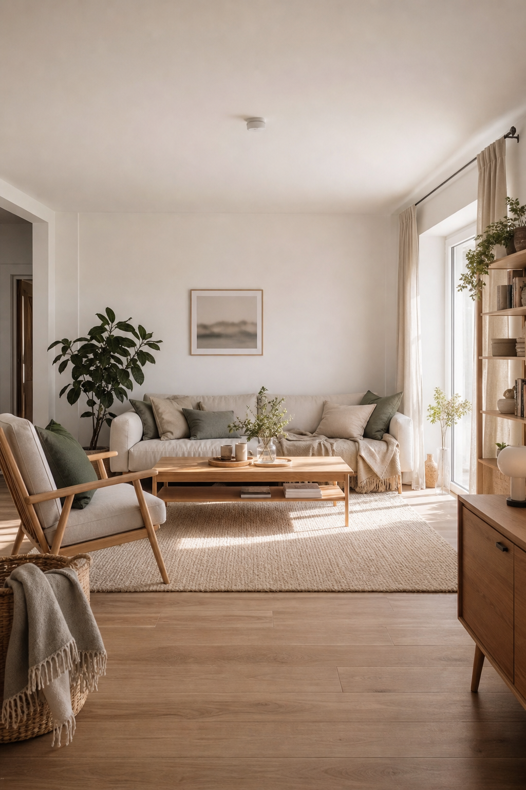 helles skandinavisches wohnzimmer mit holz