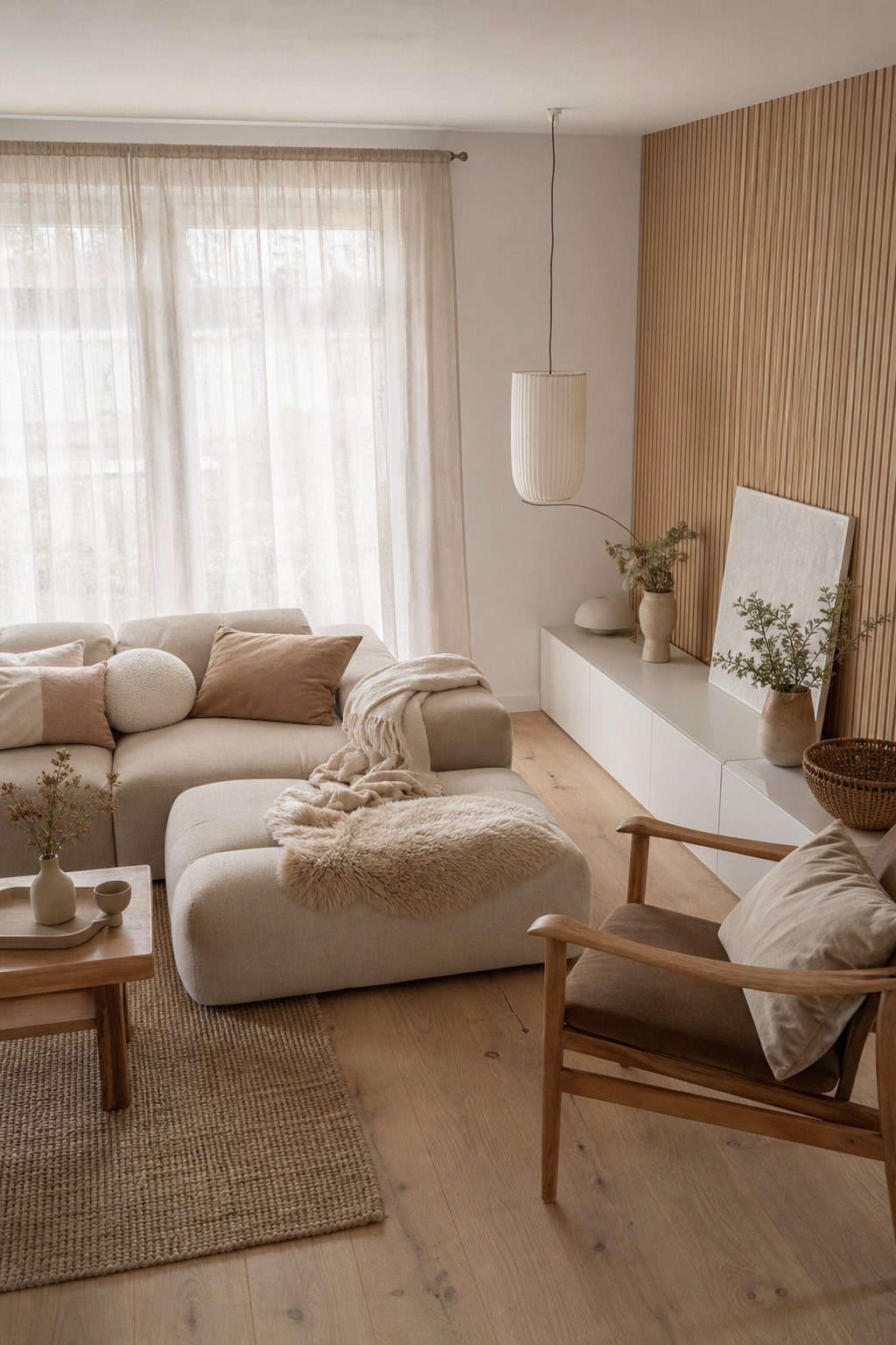 helles skandinavisches wohnzimmer mit holzwand