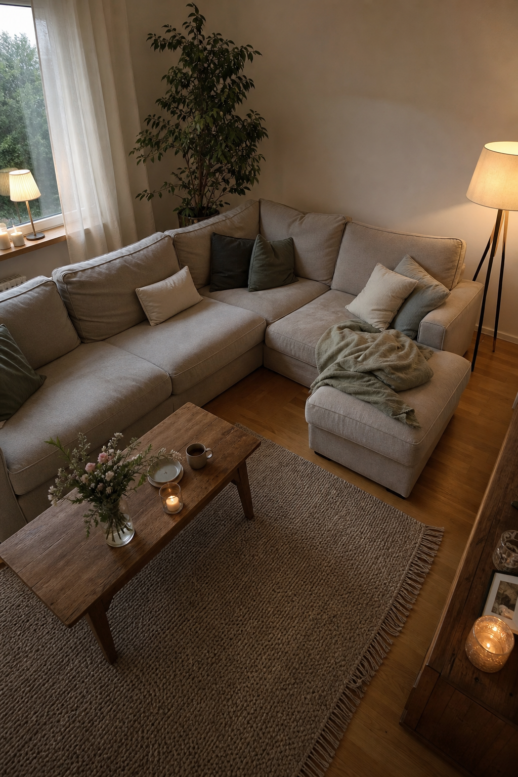 hellgraues ecksofa im skandinavischen wohnzimmer