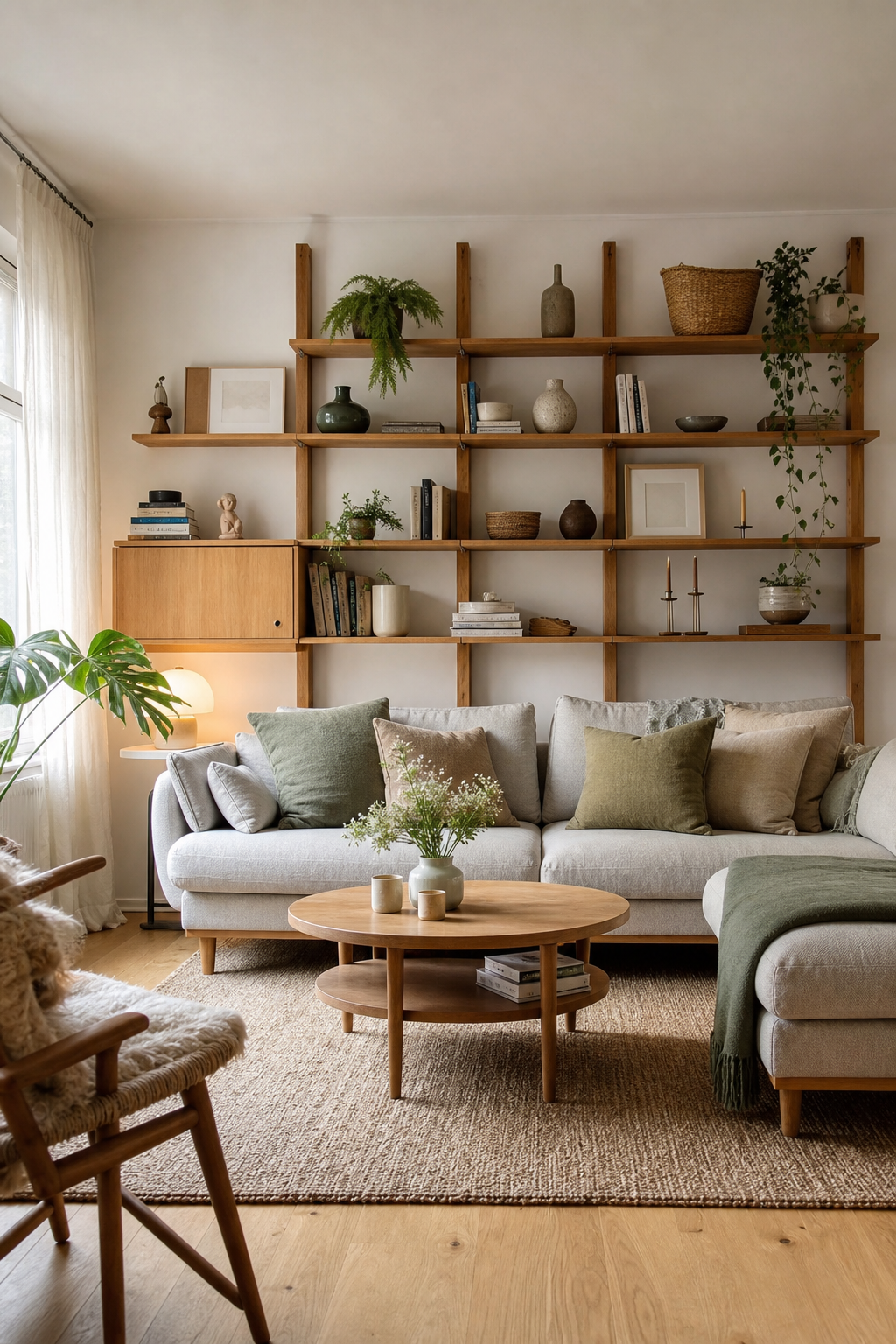 Skandinavisches Wohnzimmer Holz Wandregal Sofa