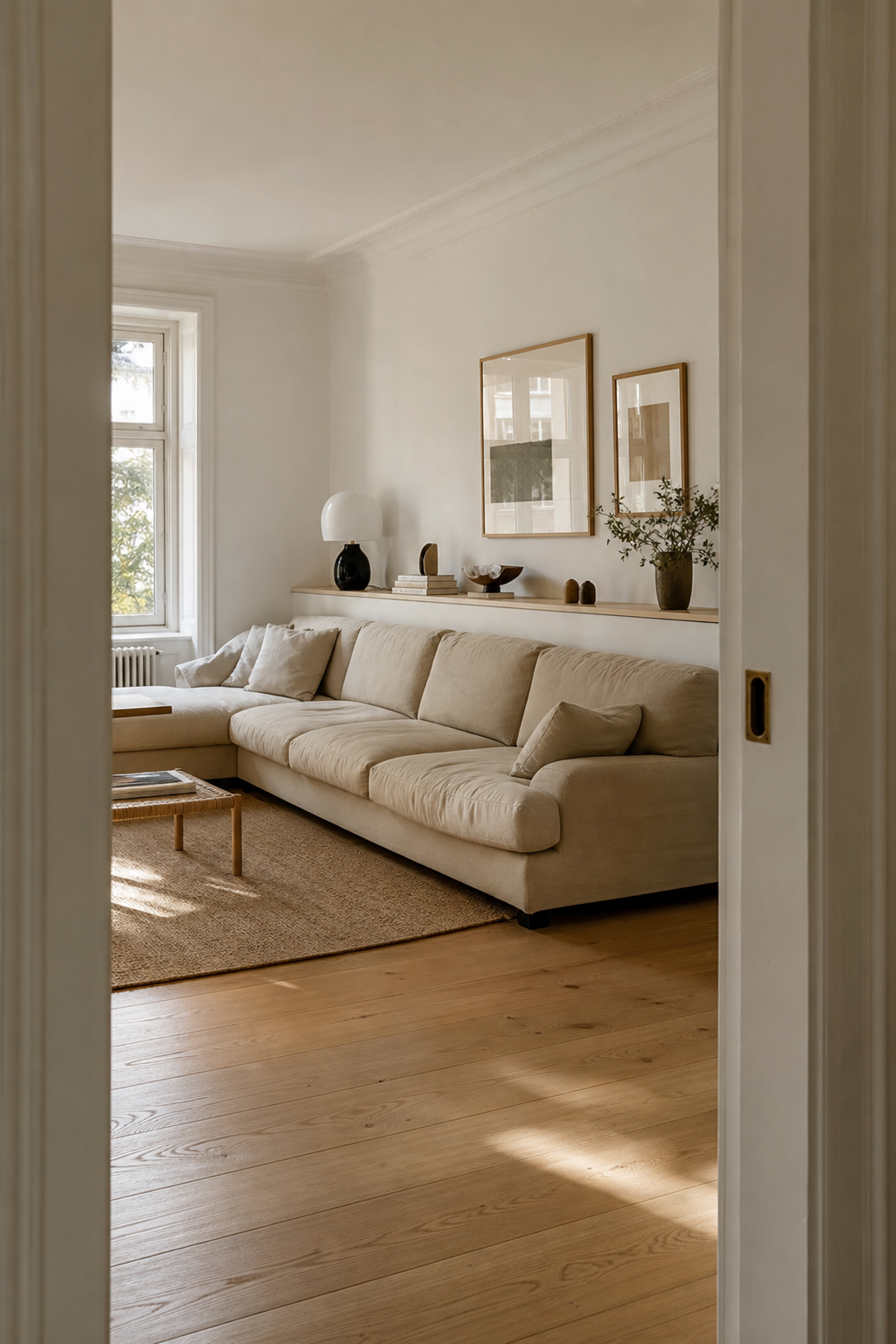 langes sandbeiges sofa an wand