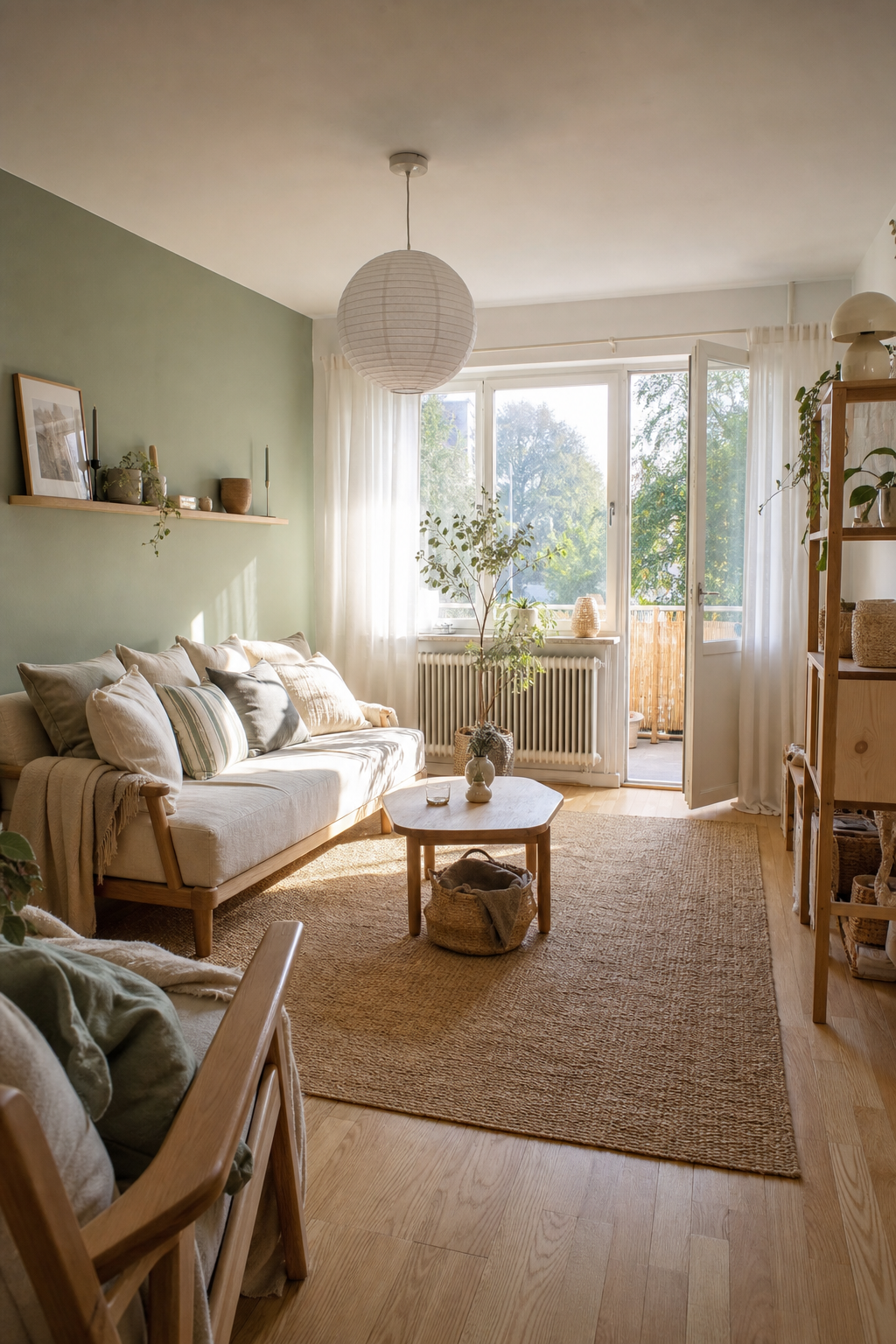 Skandinavisches Wohnzimmer salbeigrüne Wand Leinen
