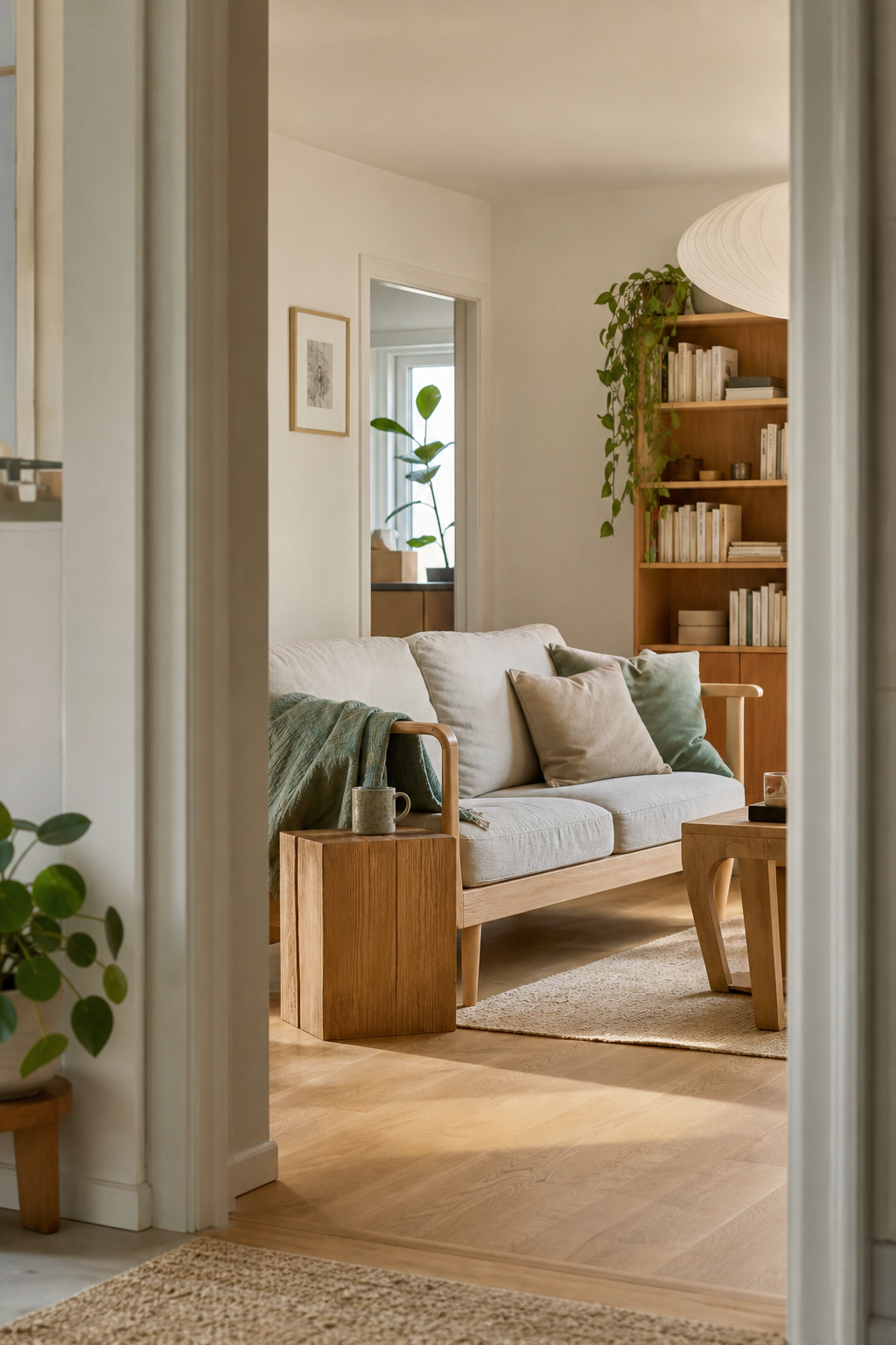 sofa mit naturholz und pflanzen