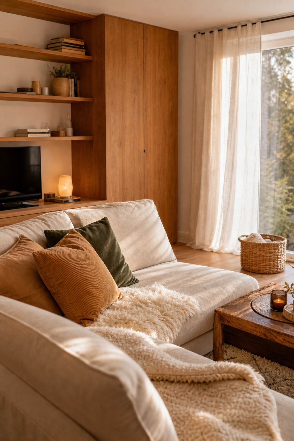 Sofaecke mit Holzwohnwand und warmem Licht