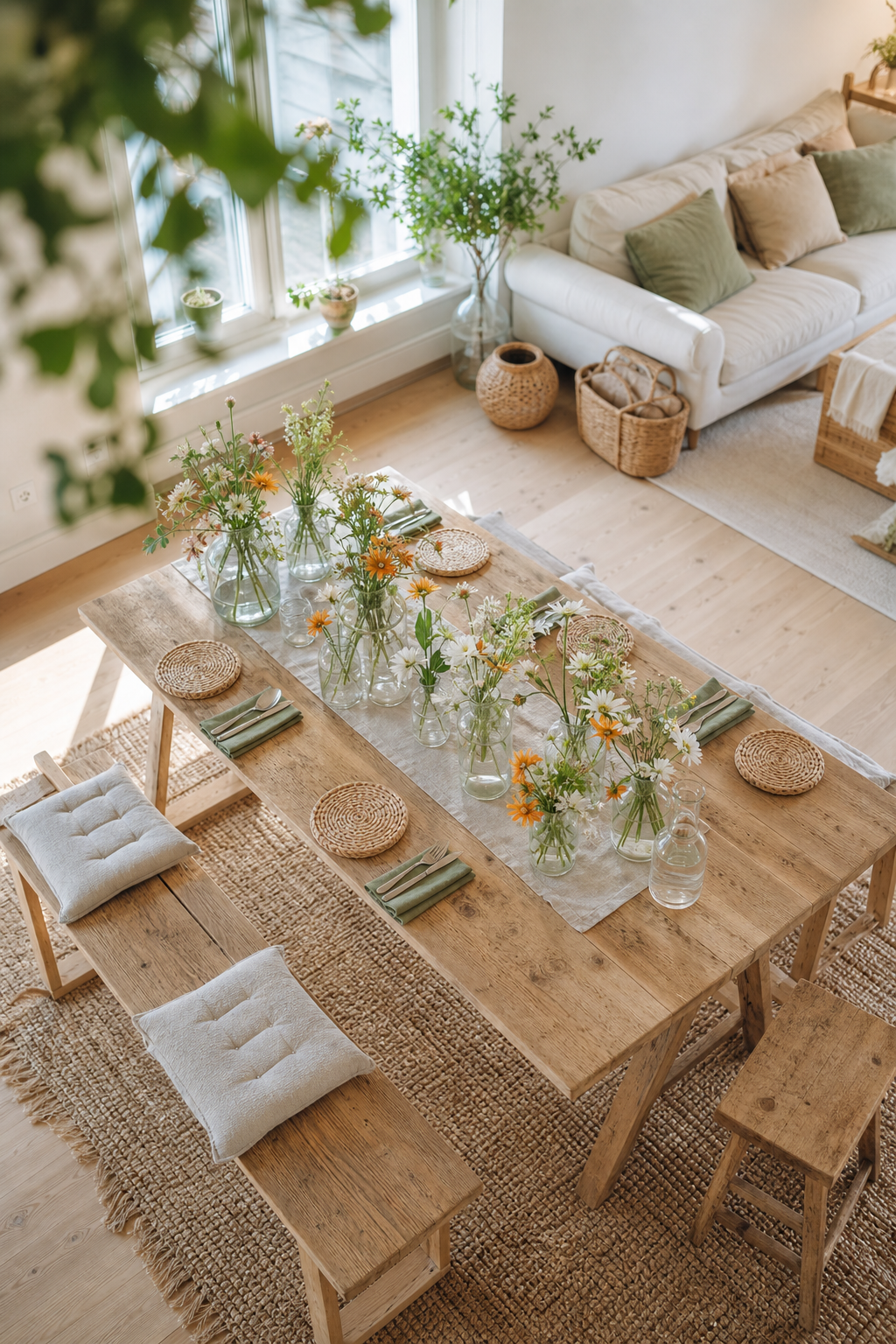 overhead tisch klare vasen gartenblumen