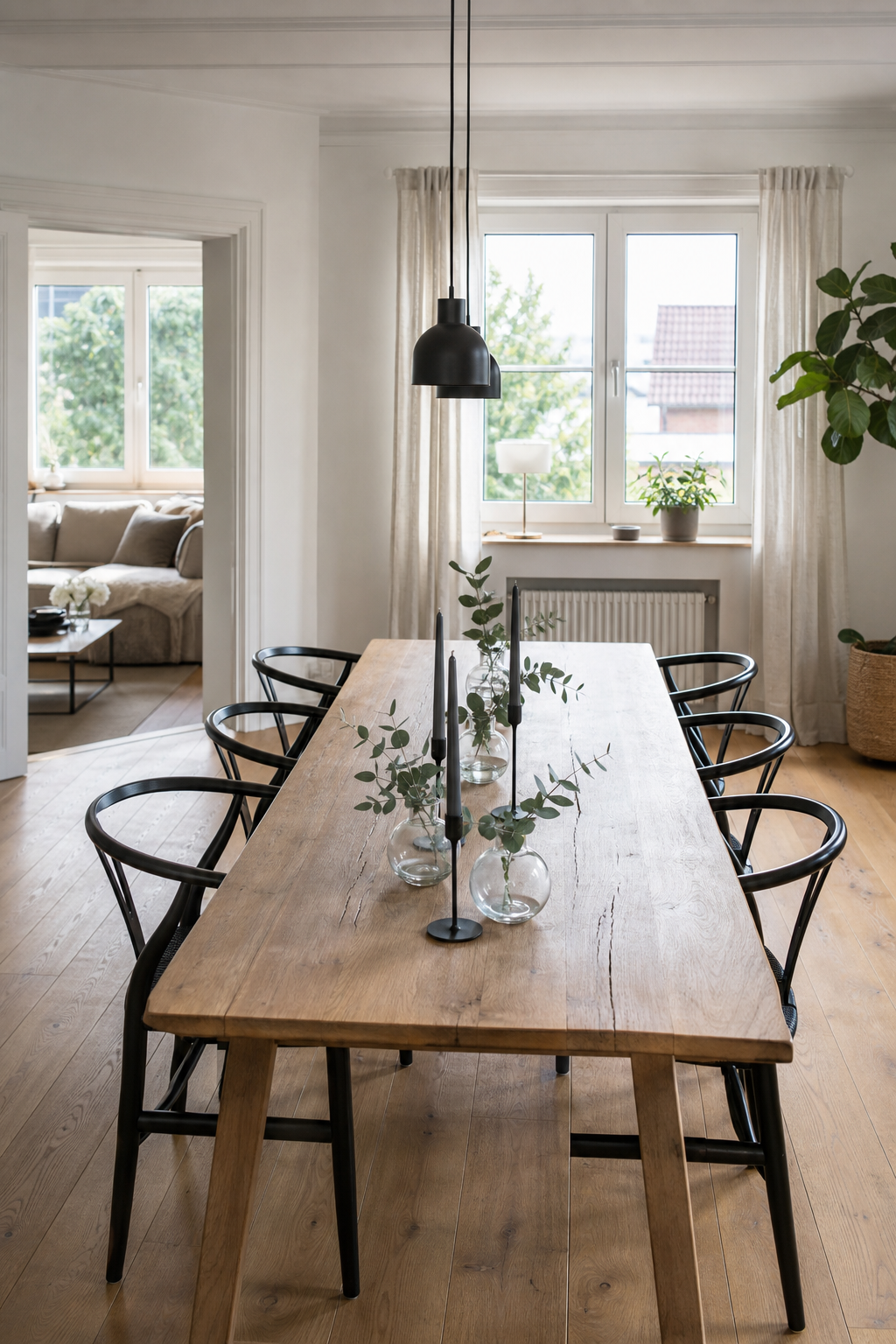 Stabkerzen und Eukalyptus in Glasvasen