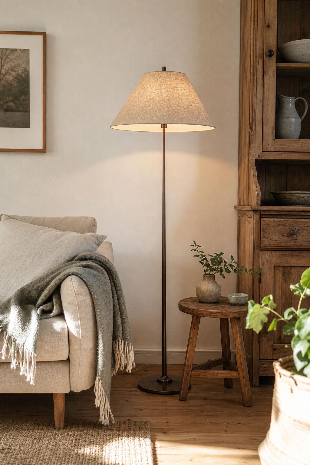 Stehlampe neben Sofa mit Decke und Holzdetail