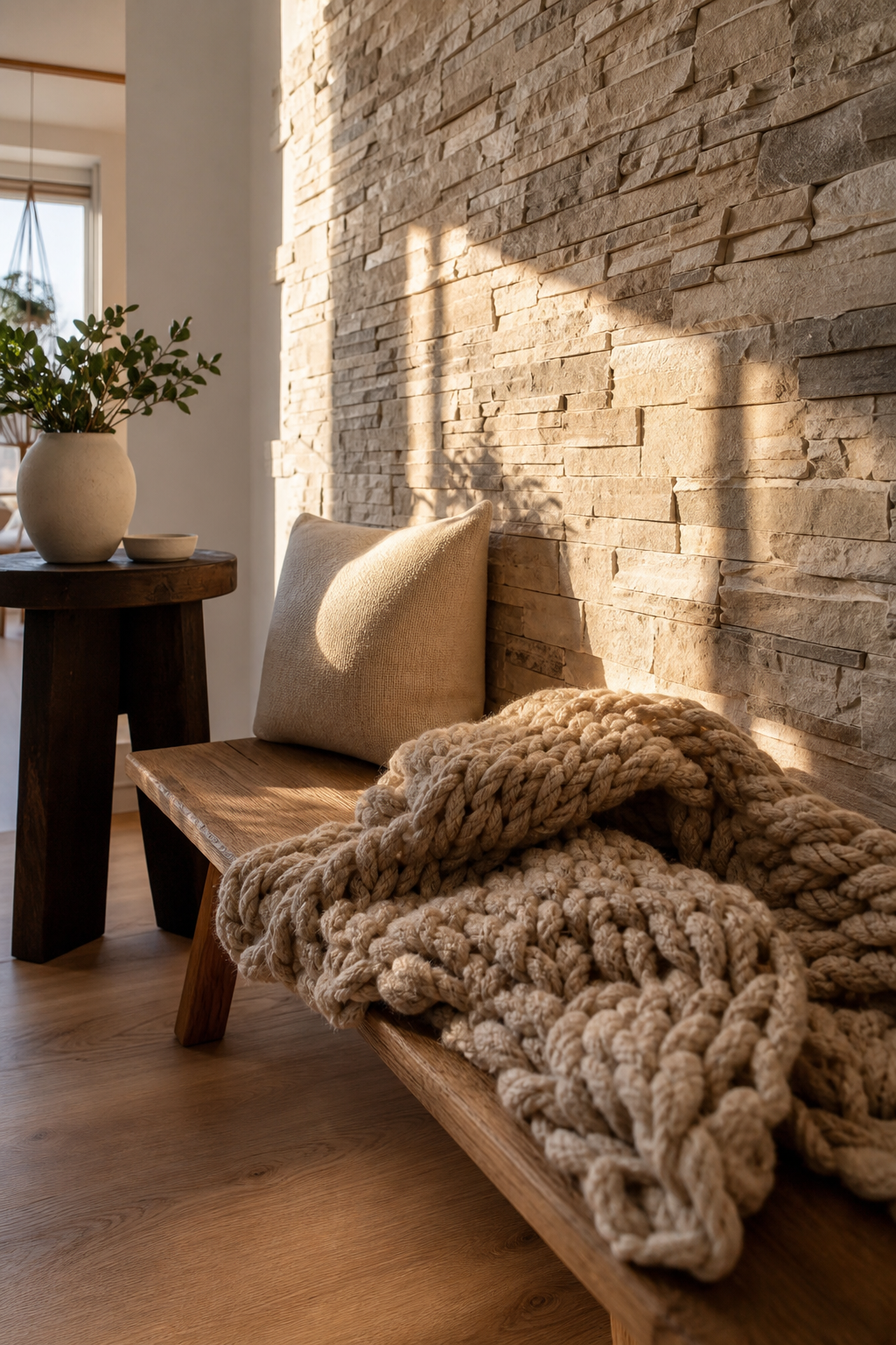 Steinwand grober Strick dunkles Holz