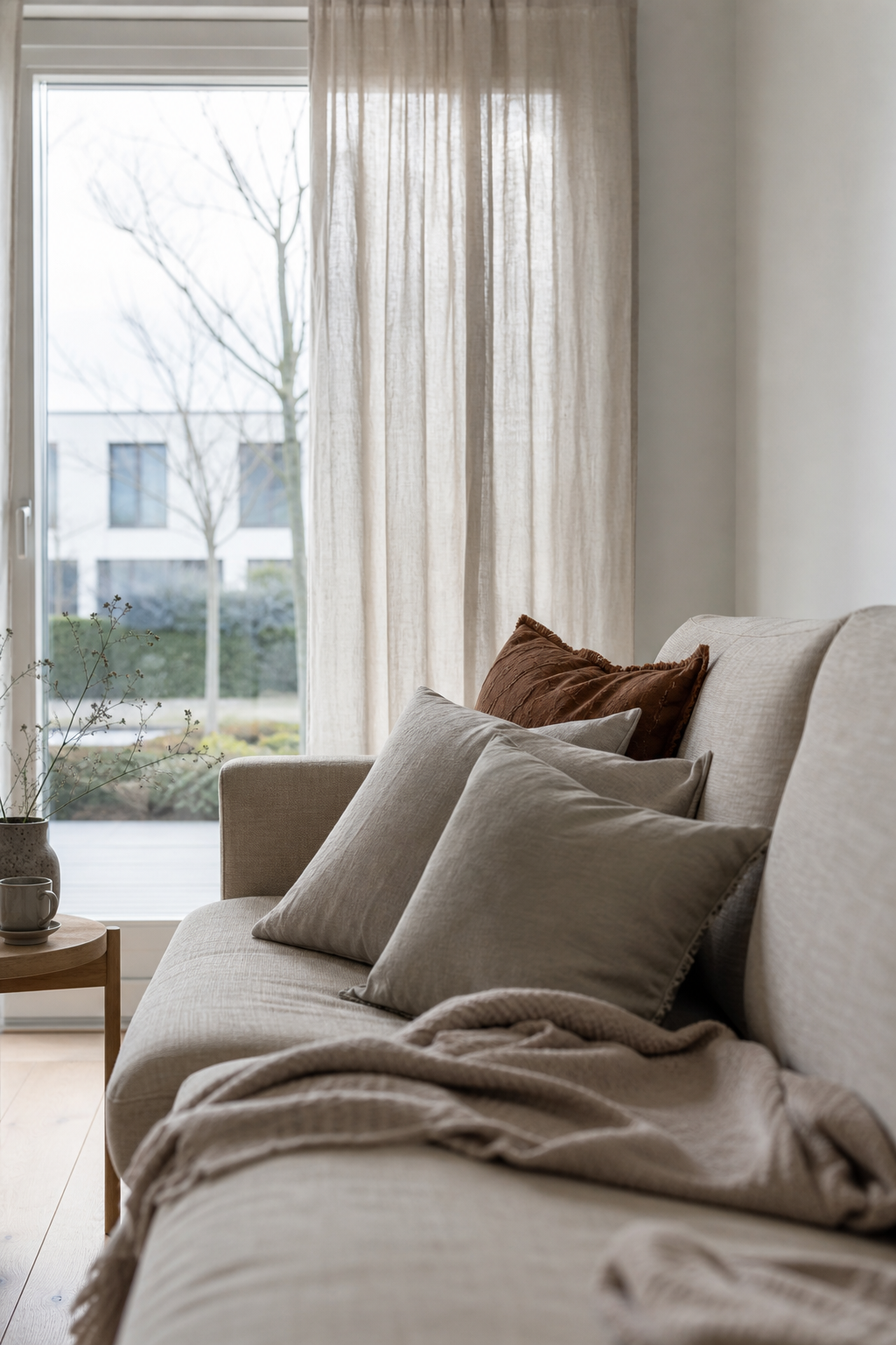 Wohnzimmer große Fensterfront beiges Sofa