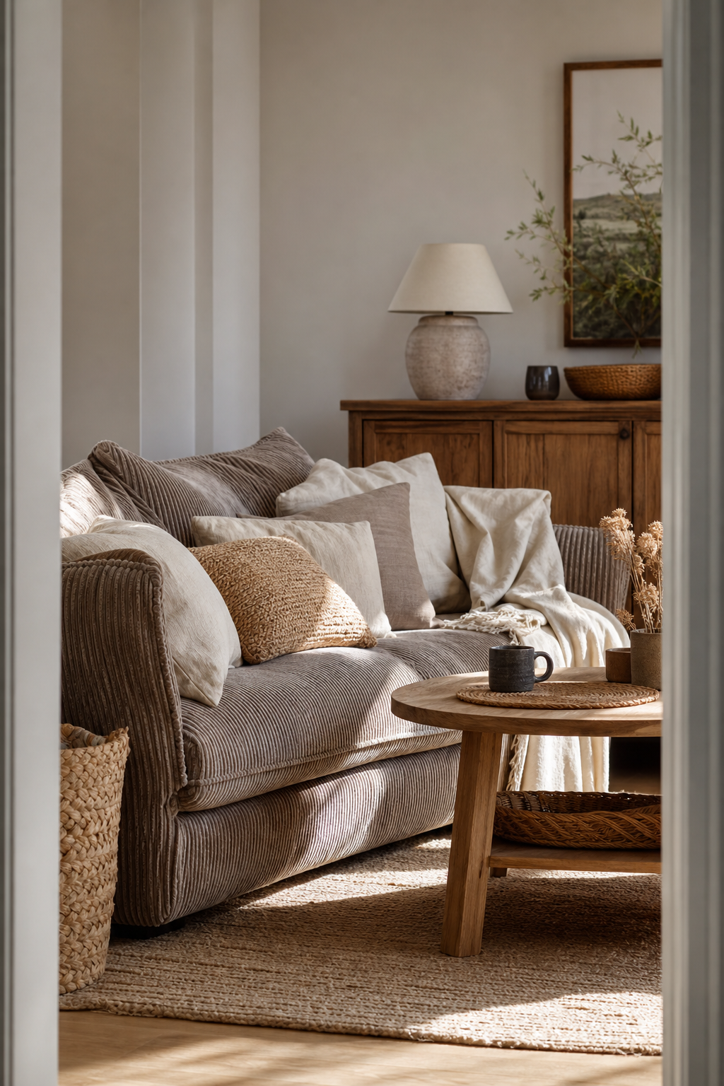 Taupe Cord Sofa mit Naturtextilien