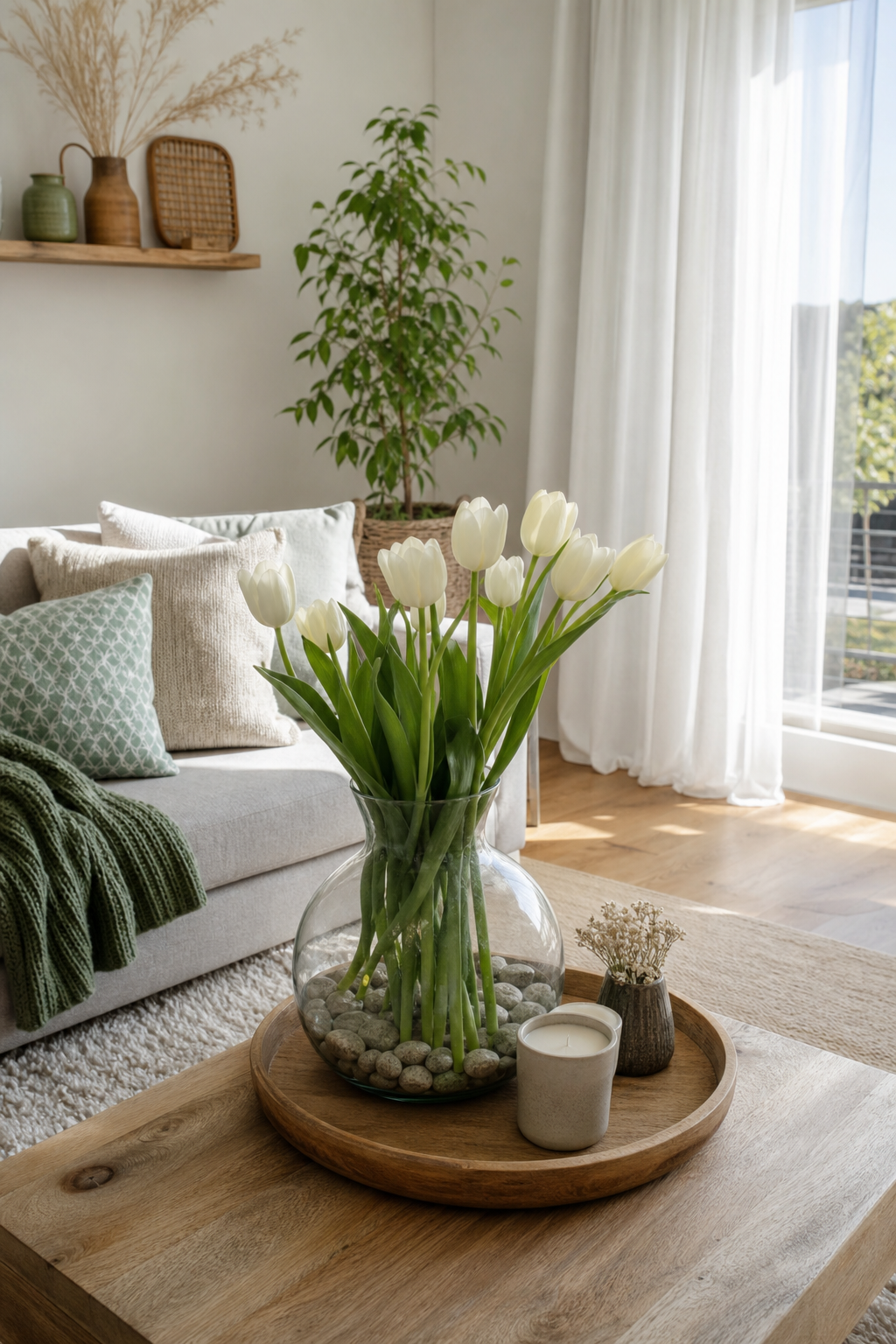 Tulpen in bauchiger Vase auf Couchtisch