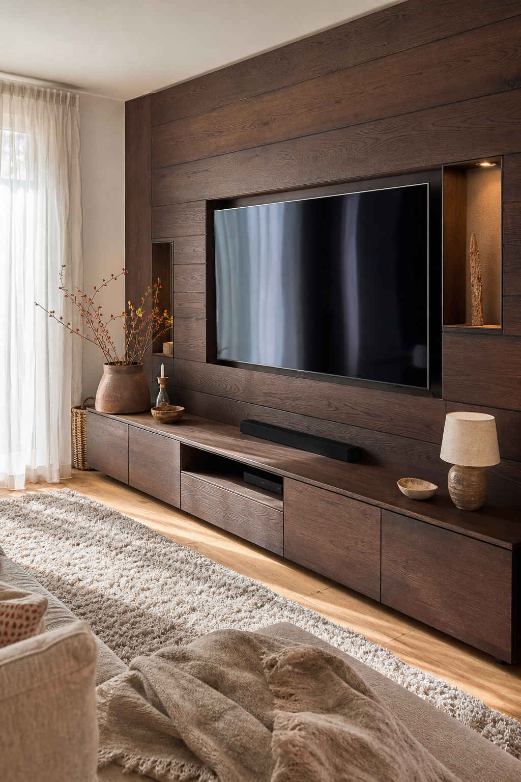 dunkle holz tv-wand mit warmlicht