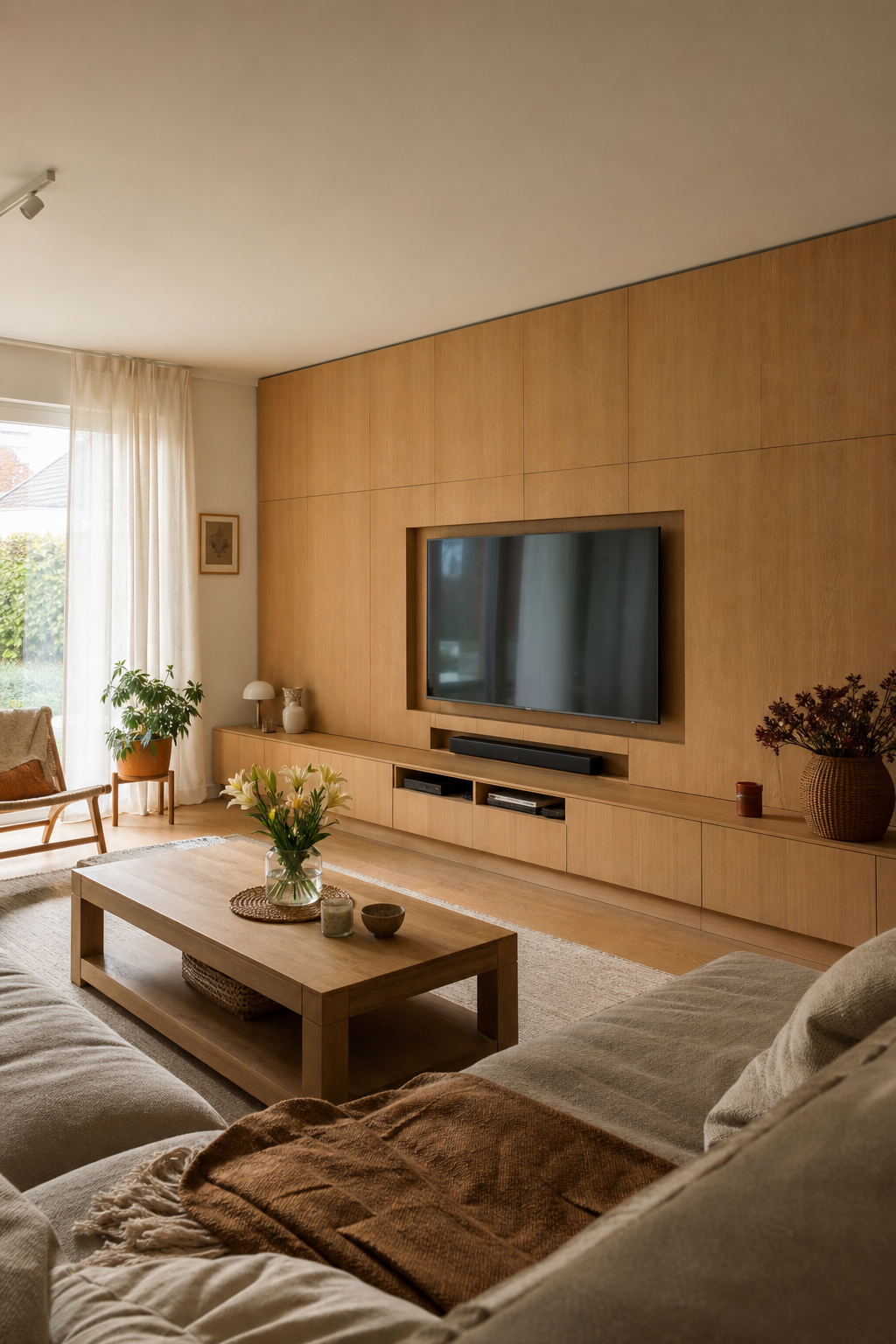 durchgehende holz-tv-wand frontalaufnahme