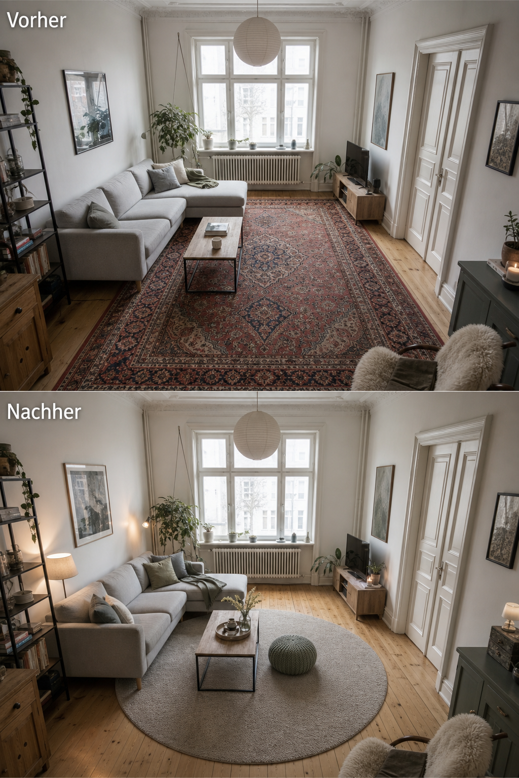 Kleines Altbau-Wohnzimmer mit falsch und richtig skaliertem Teppich