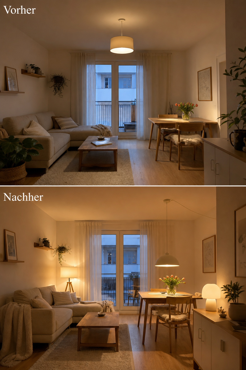 Wohn-Essbereich mit zwei Lichtsettings