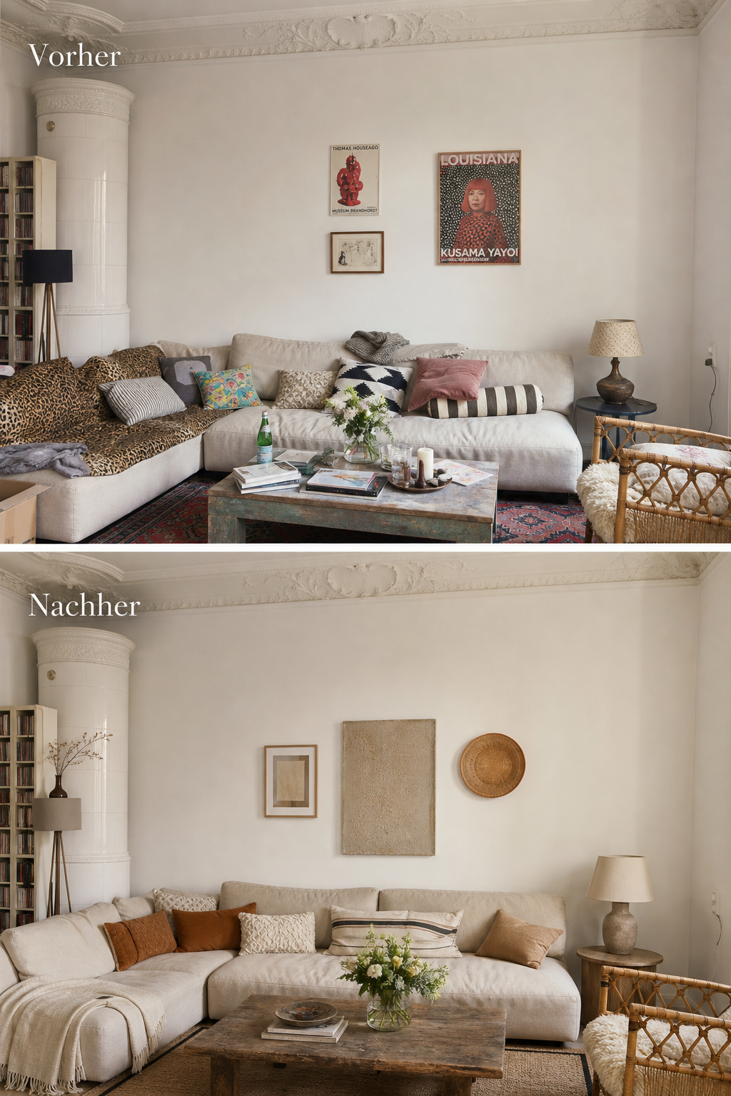 Vorher Nachher Wohnzimmer mit ruhigem Farbschema