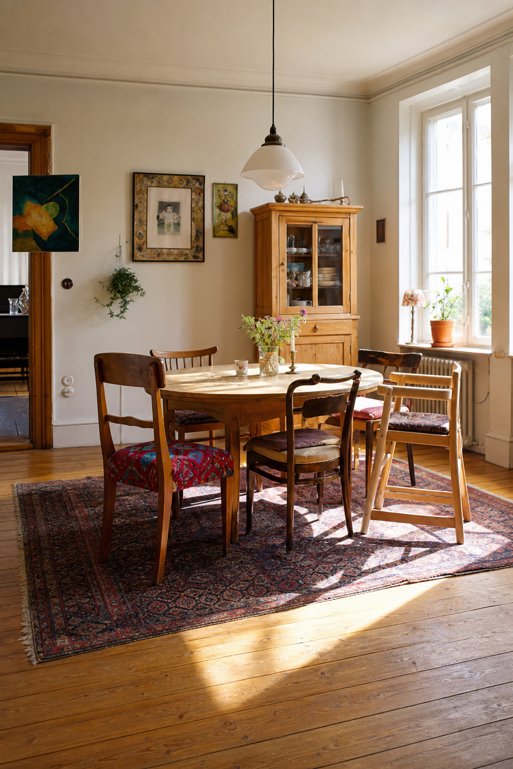 runder vintage tisch mit bunten stühlen