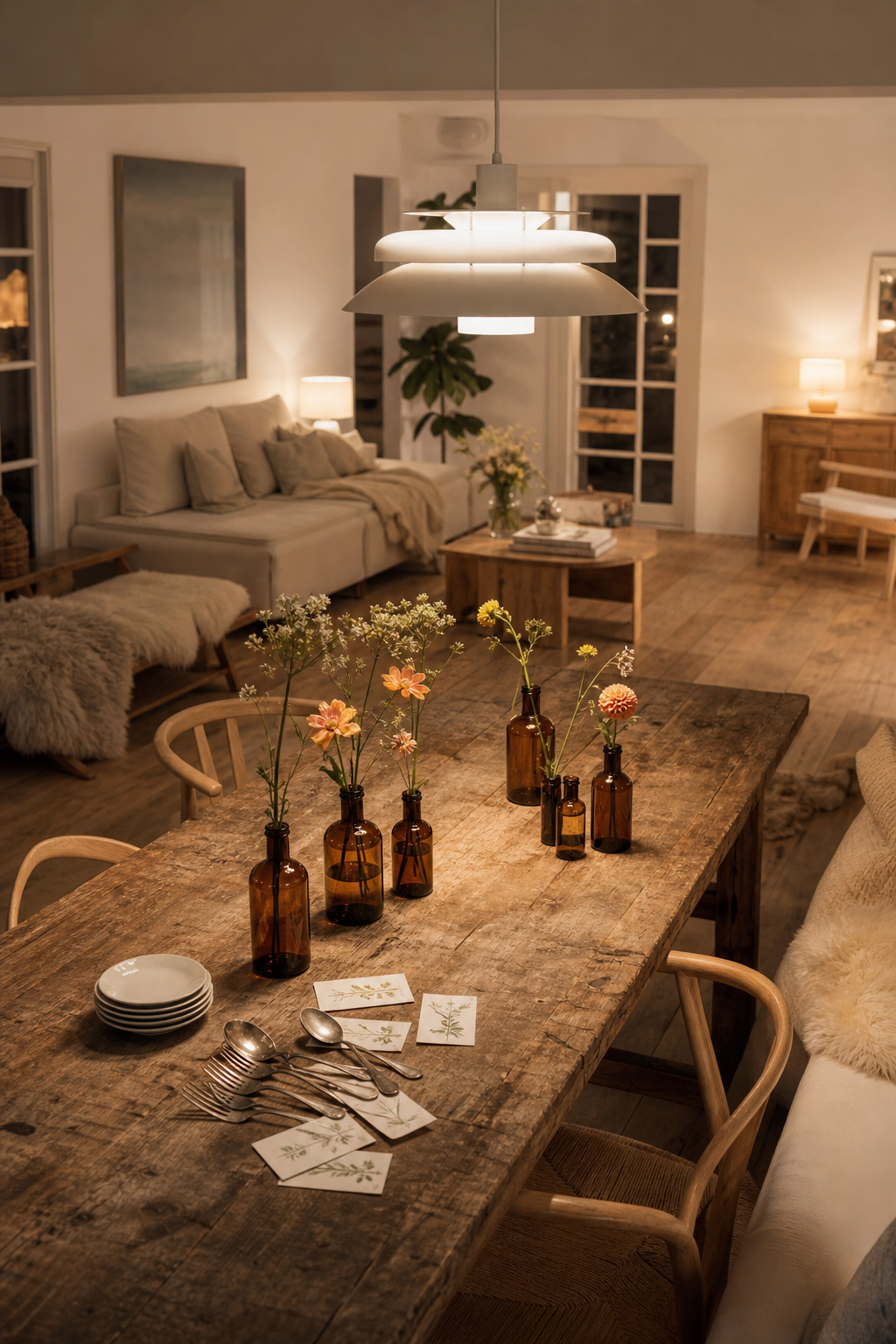 Vintage Tisch mit ambernen Apotheker-Gläsern
