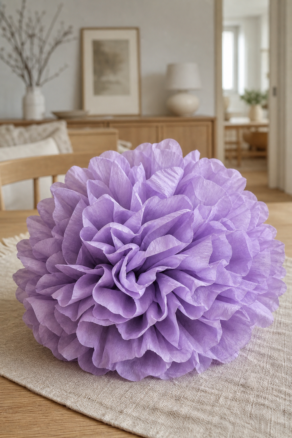 violette krepppapier pompomblüte nahaufnahme