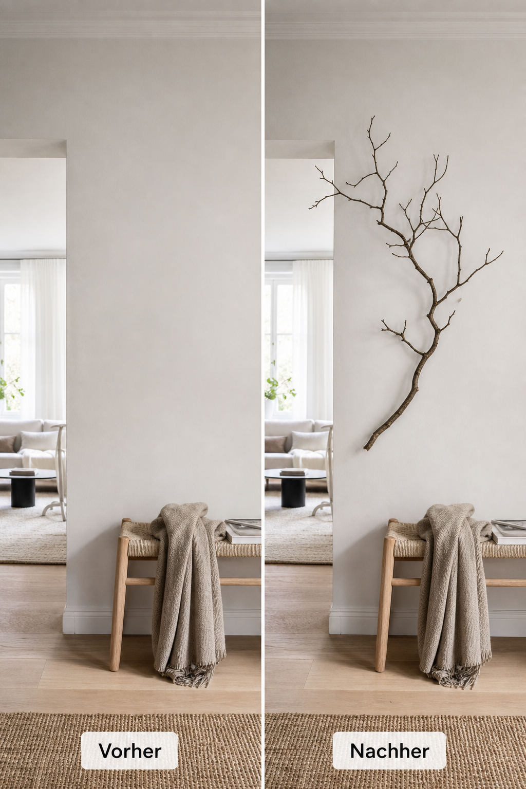 Diptychon kahle Wand und Wand mit Deko-Ast