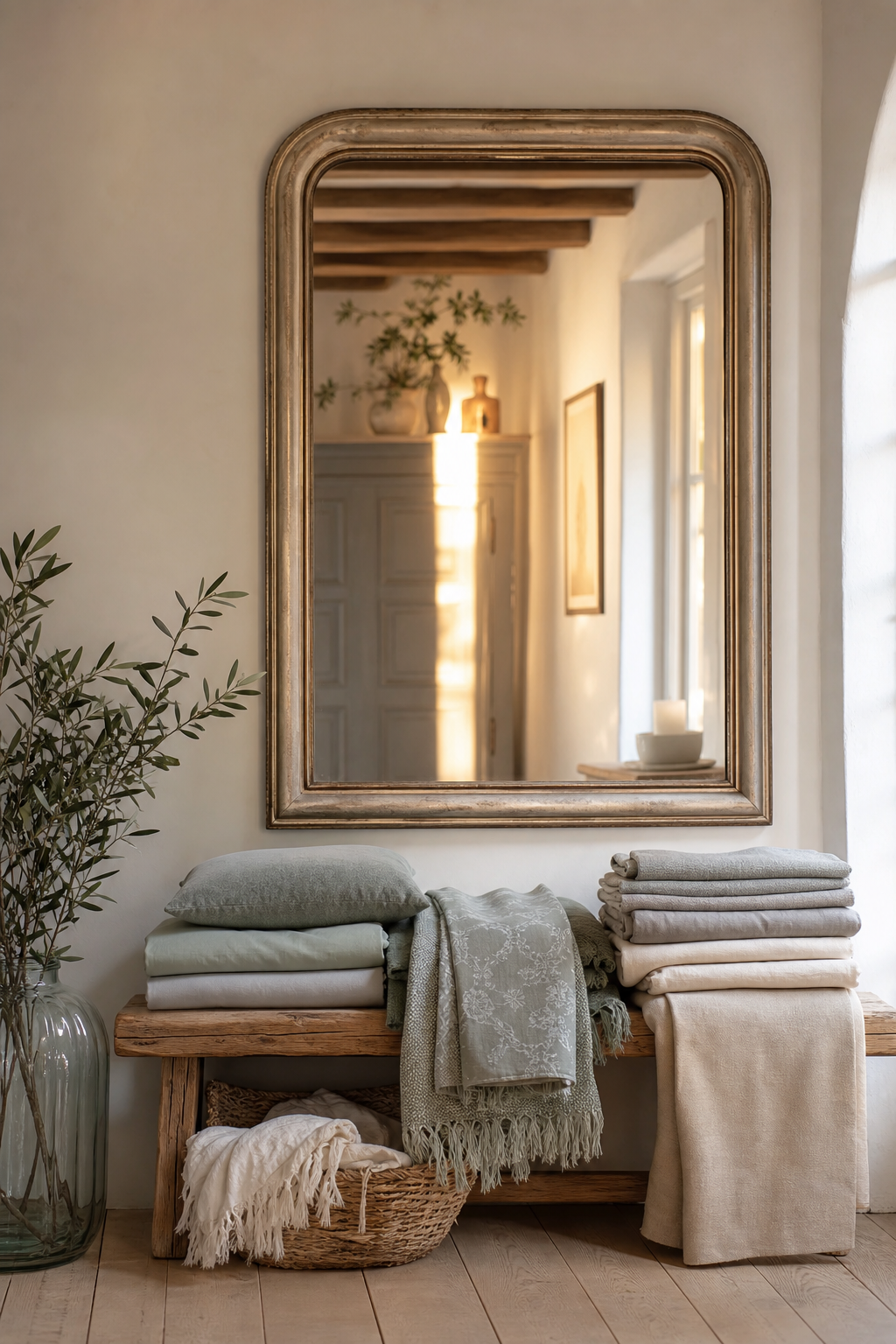 Spiegel über gefalteten Textilien im Shabby Chic