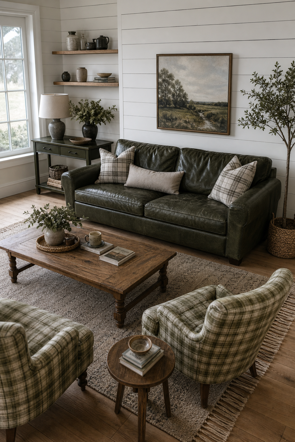 olivgrünes loveseat am fensternook