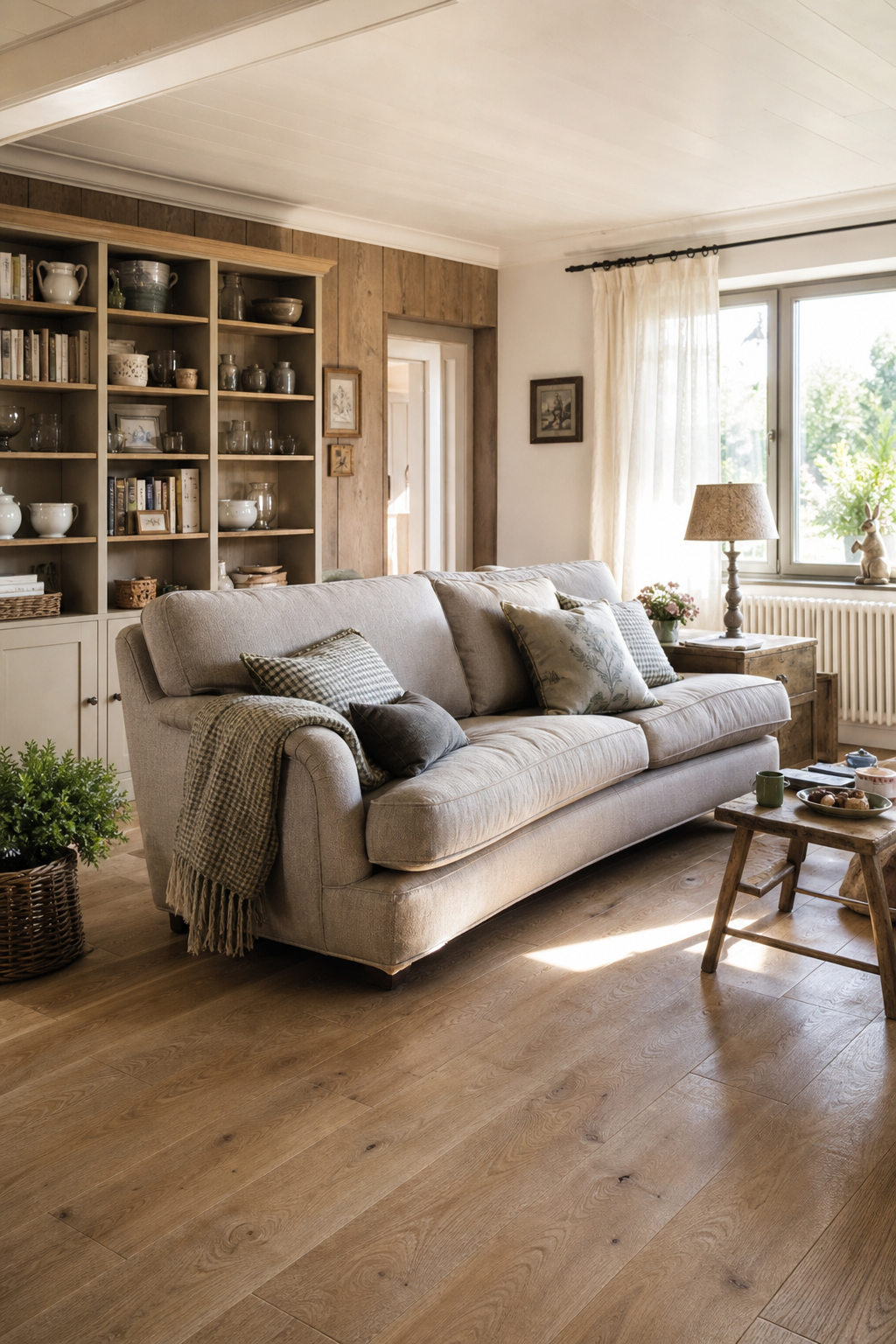 Großes Polstersofa auf Holzboden, Landhausstil