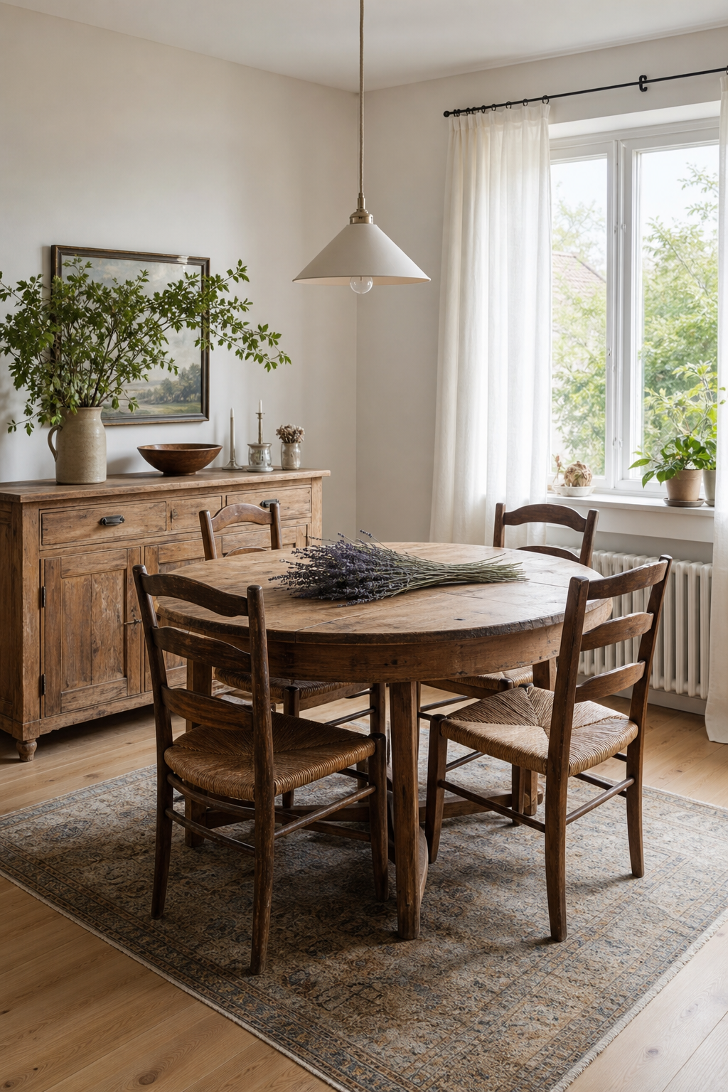 Runder Holztisch mit Teppich und Lavendel