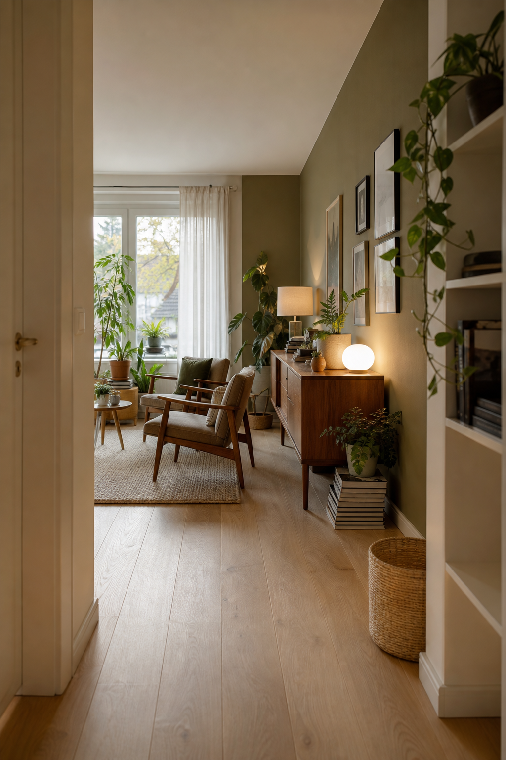 Warmes Wohnzimmer olivgrüne Wand holzmöbel