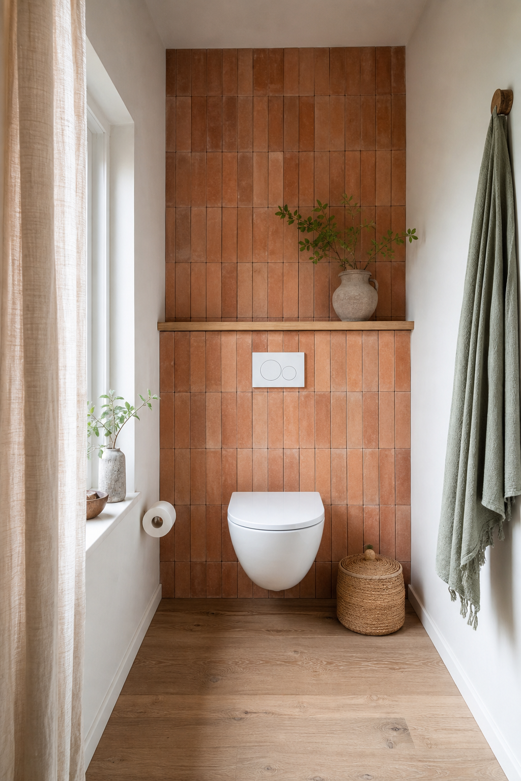 Terrakotta Wand hinter wandhängendem WC