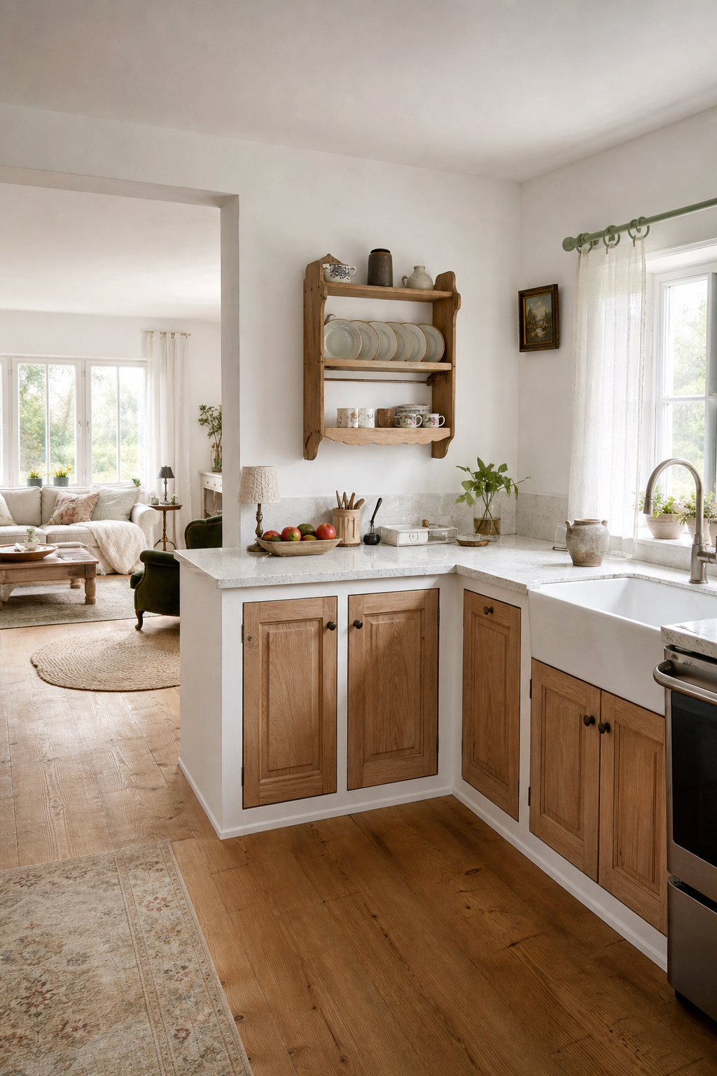 weiße landhausküche mit offenen holzfronten
