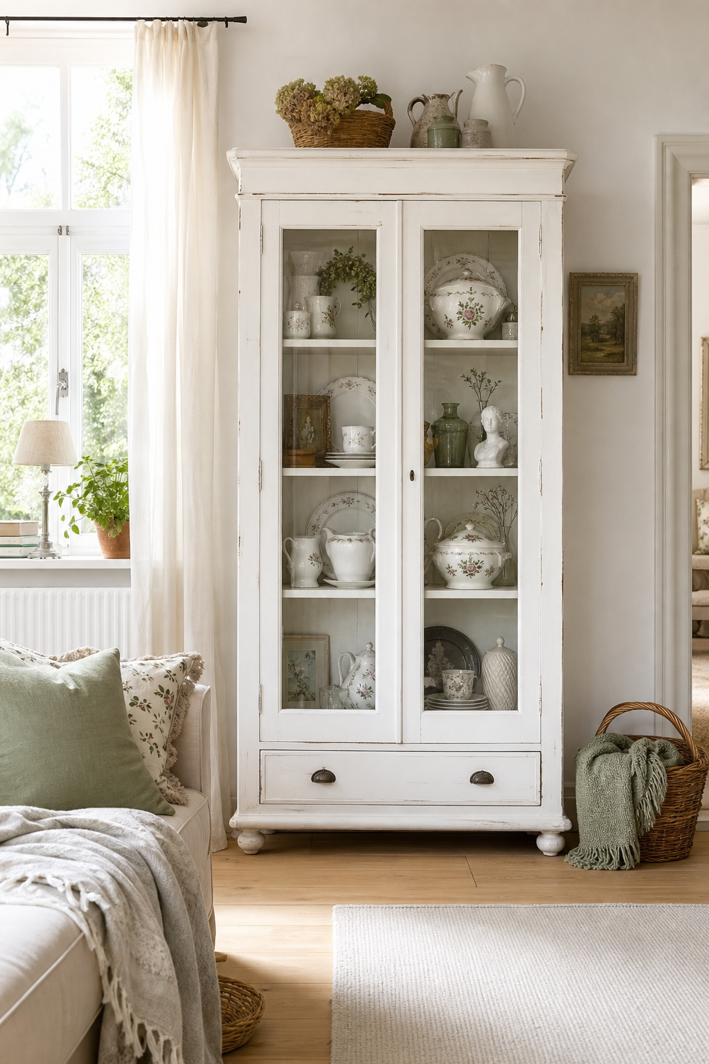weißer vitrinen schrank mit vintage porzellan
