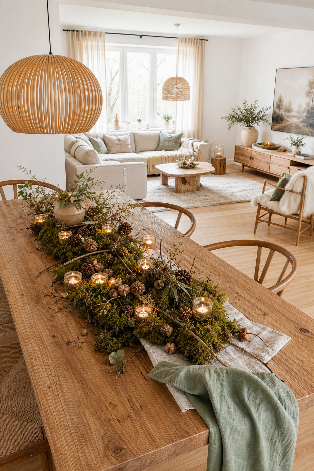weisses kuerbis-arrangement mit holzkerzen